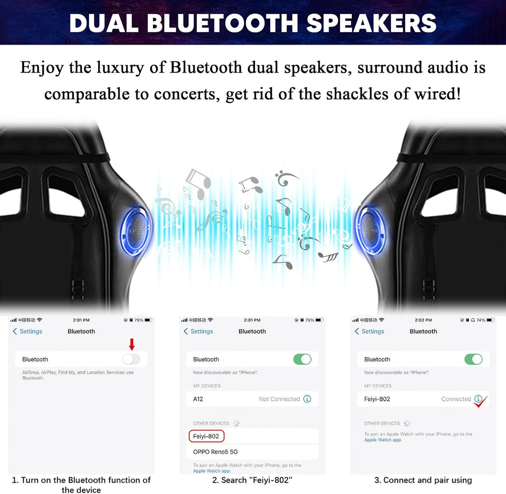RGB Gaming Chair with Speakers Full Massage Video Game Chair with Footrest Ergonomic Office Chair PU Leather Recliner Swivel Computer Chair with Lumbar Support Headrest High Back Gamer Chair,Black