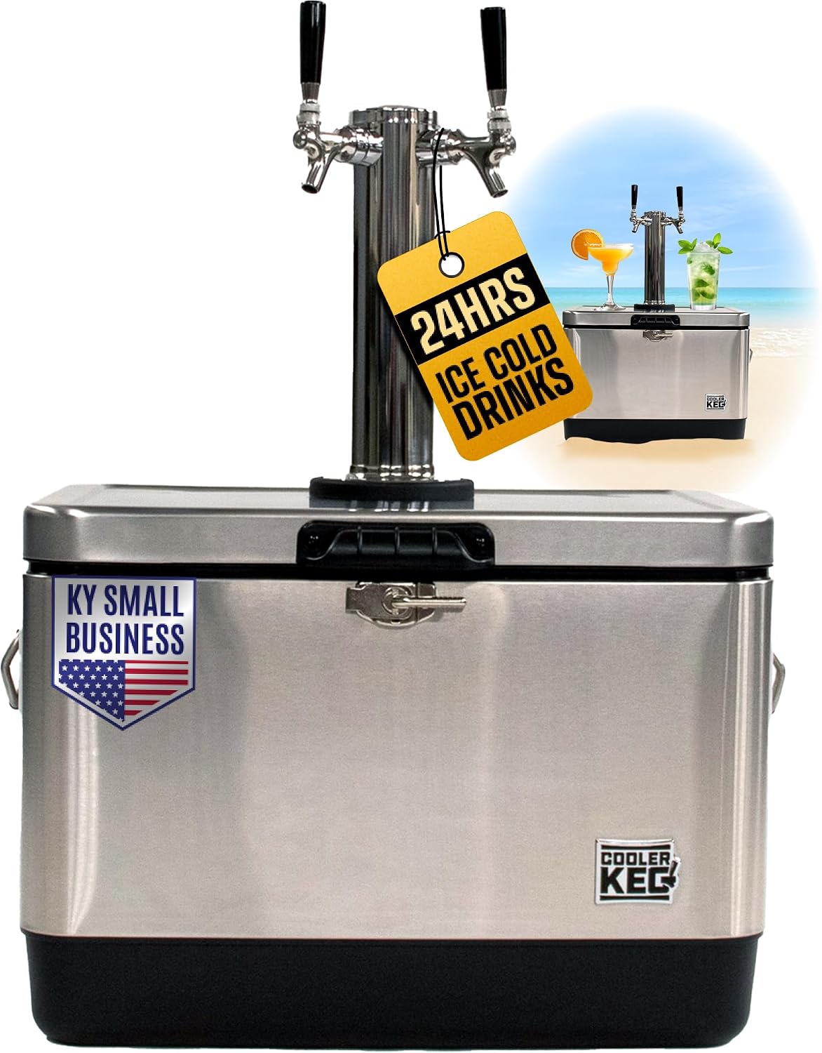 Portable Kegerator Stainless Steel Insulated Draft System: 2 Refillable 1.75 Gallon Kegs, 24 Hours Ice Cold, No Electricity, Dual Taps, 4 CO2 Cartridges. Beer, Mixed Drinks, Cocktails, Mead