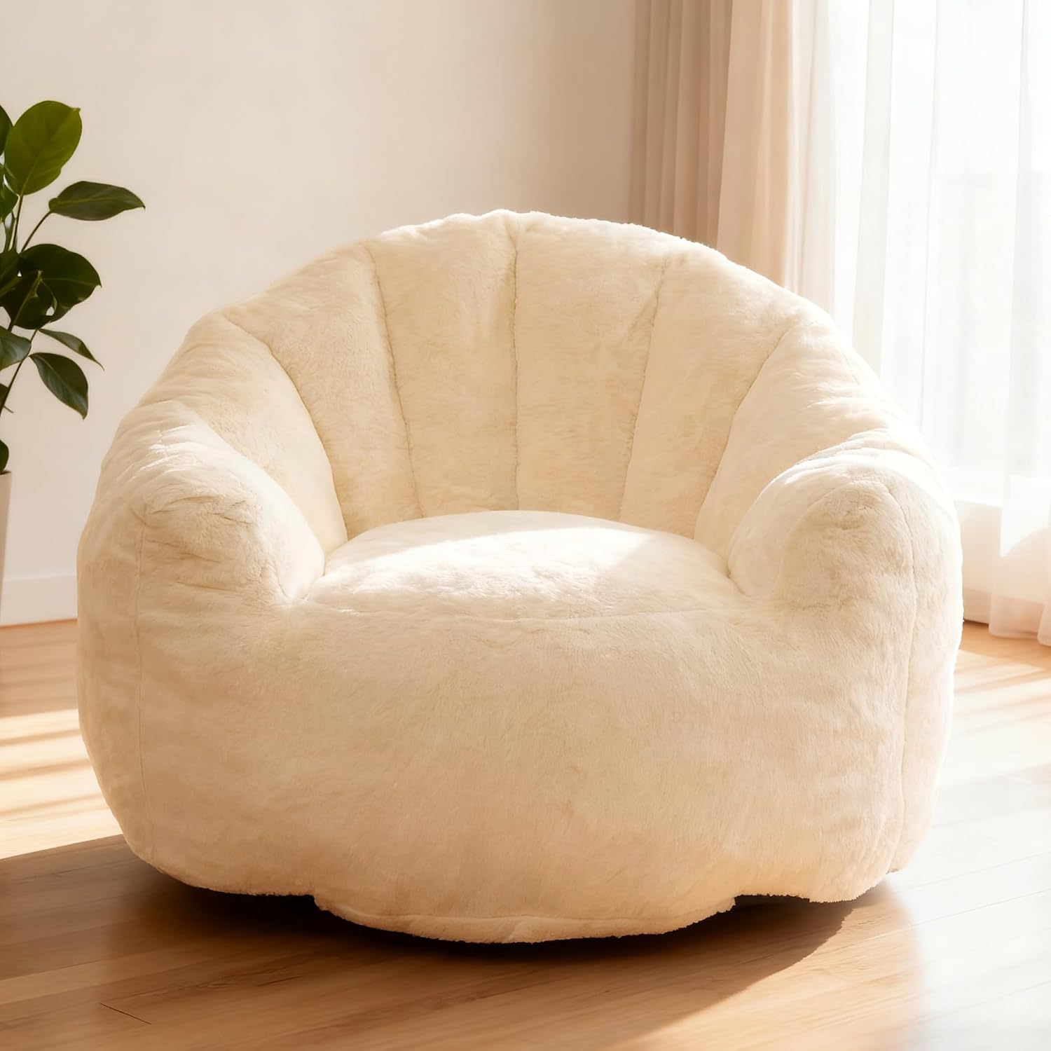 Bean Bag Chair, Giant Beanbag Chiars for Adults and Teens, Faux Fur Shell-Shaped Floor Sofa with Filler, Comfy Chair for Reading, Gaming and Relax (Beige)