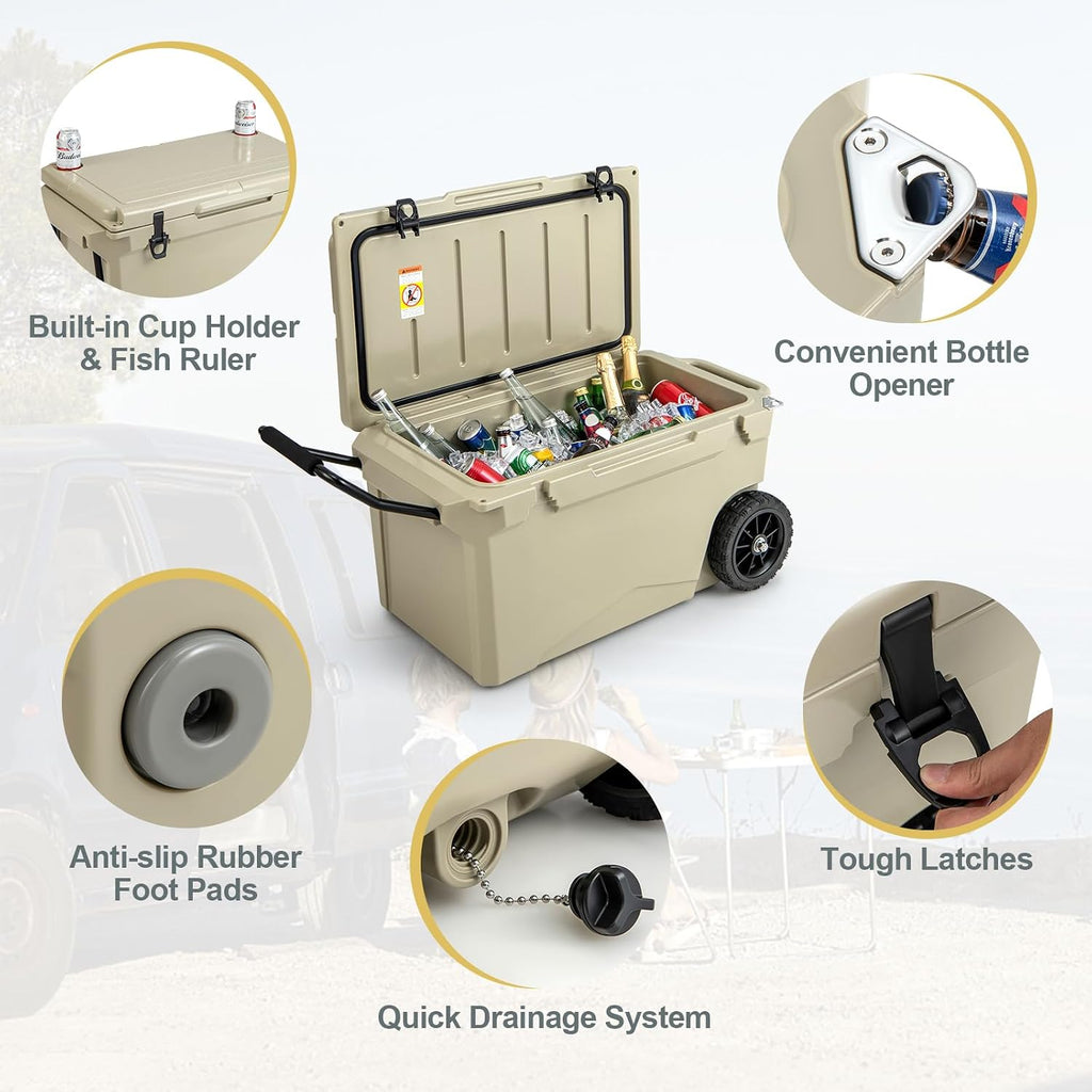 Goplus Cooler with Wheels, Insulated Large Ice Chest with Portable Handles, Cup Holders, Leak-Proof Tight Latches, 5-7-day Ice Retention, Heavy Duty Hard Coolers for Beach Camping Boat