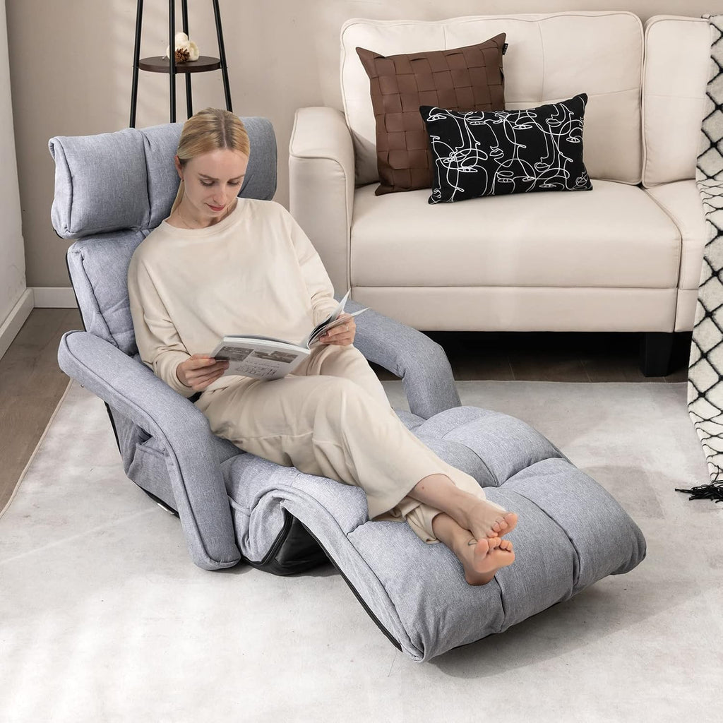 KOMFOTT Foldable Floor Lazy Sofa, Indoor Chaise Lounge Sofa with 6 Adjustable Positions, Folding Chair Bed with Adjustable Armrests, Backrest & Footrest, Ideal for Living Room, Bedroom (Grey)