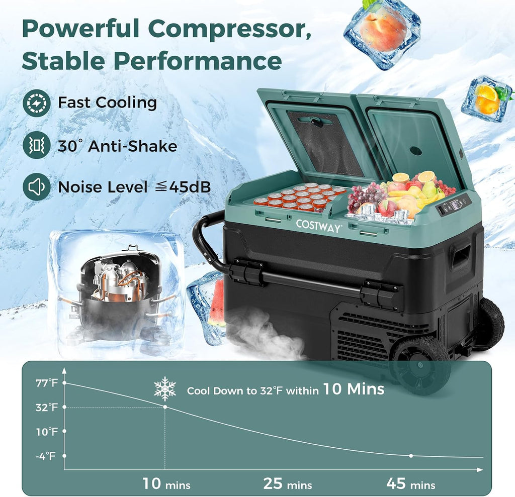 COSTWAY Car Refrigerator with Wheels, 42-Quart Dual-zone Dual-temperature Electric Cooler, 12V/24V DC, 100-240V AC, -4°F To 68°F, Reversible Lids, Car Freezer for RV Camping, Green+Black