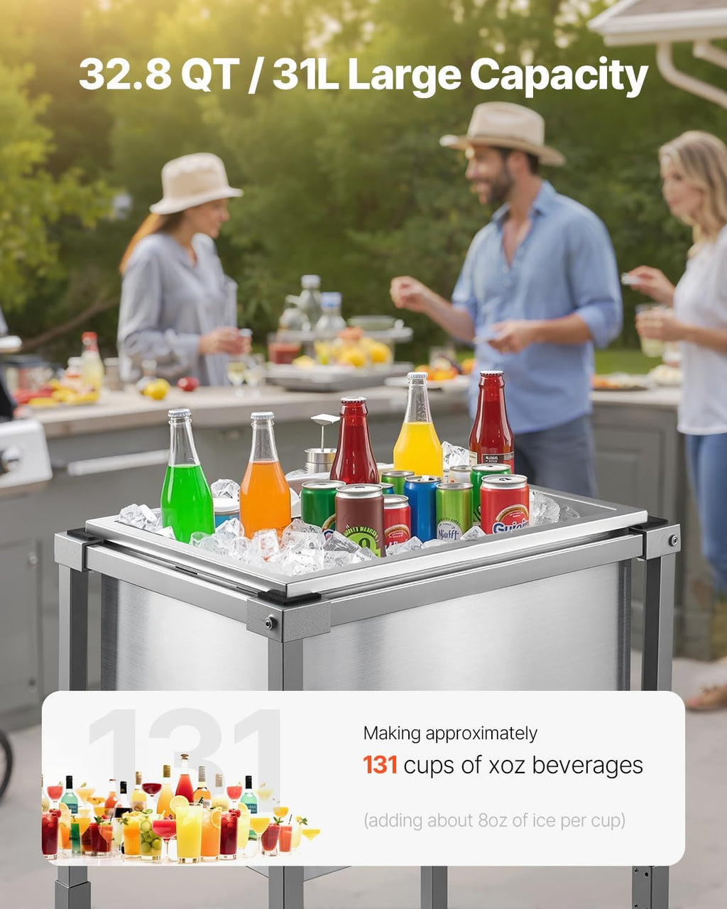 VEVOR Commercial Ice Bin, Underbar Ice Bin, Stainless Steel Ice Chest with Sliding Lid, Bottle Holders, Adjustable Bullet Feet, Cooler Cart Cocktail Unit for Bar Restaurant Pub
