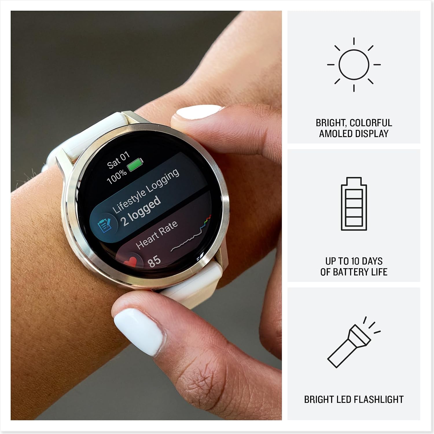 Garmin Venu® 4, 41mm, Advanced Health and Fitness GPS Smartwatch, Bright and Colorful Display, Built-in Flashlight, 10 Days of Battery Life, Silver with Periwinkle Silicone Band