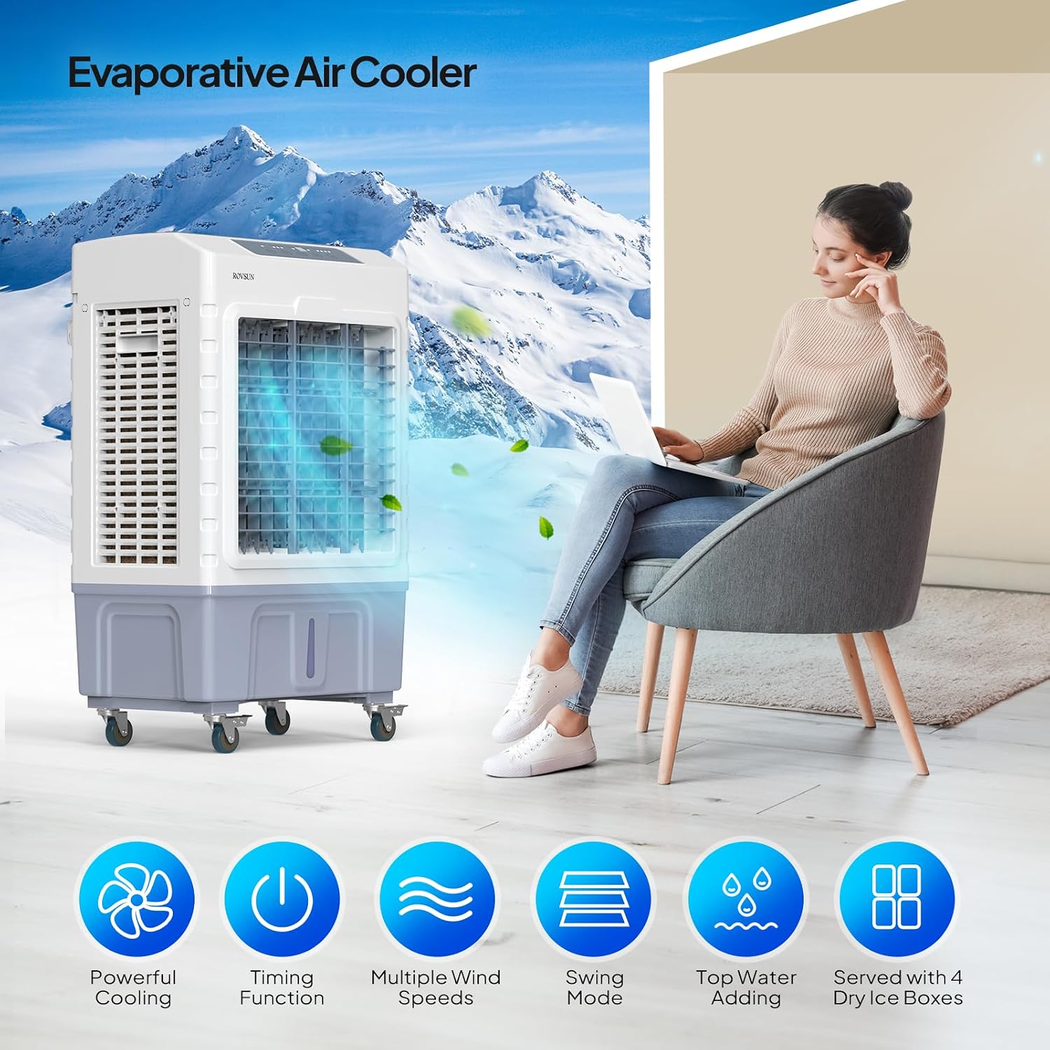 ROVSUN 2600CFM Portable Air Cooler, 10.5Gal/40L Evaporative Swamp Cooler, 3-IN-1 Cooling Fan with Remote Control, 3 Speeds, 7.5H Timer & 4 Ice Box, Humidifying Oscillating Fan for Indoor or Outdoor