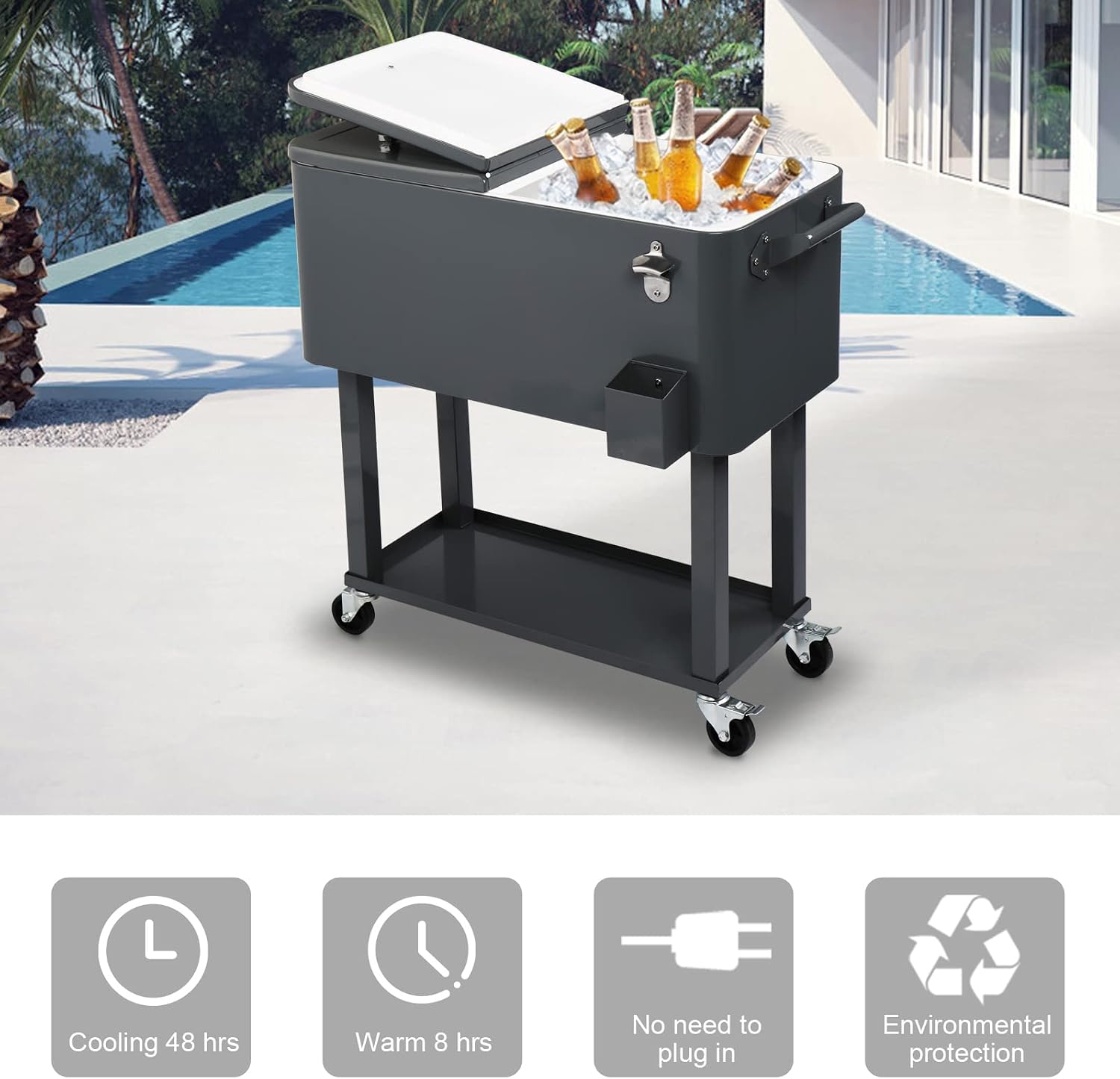 80 Quart Rolling Cooler Cart with Shelf and Bottle Opener for Patio Party