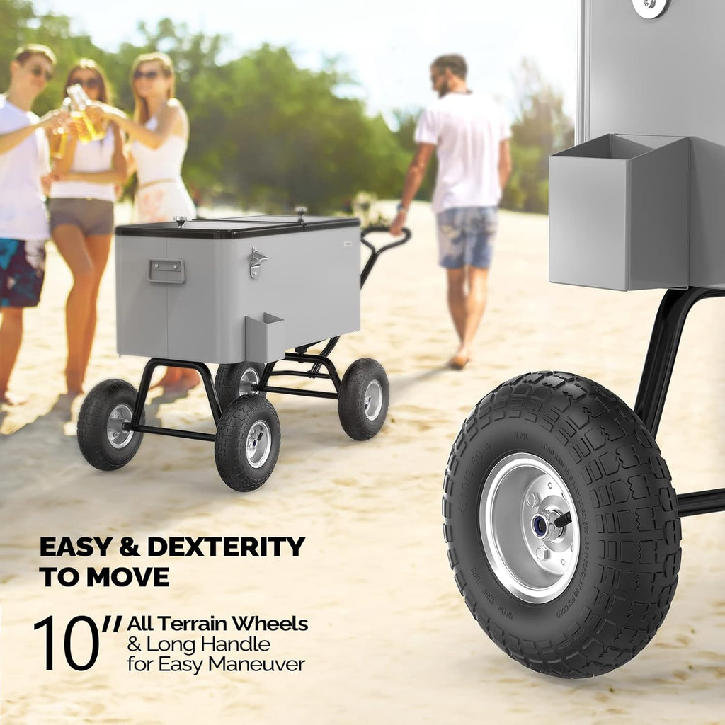 VINGLI 80 Quart Wagon Rolling Cooler Ice Chest, w/Long Handle and 10' Wheels, Portable Beach Patio Party Bar Cold Drink Beverage, Outdoor Park Cart on Wheels