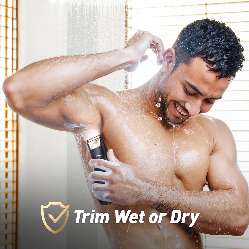 Rechargeable Body Trimmer for Men: Pubic Hair Trimmer with Mirror & LED, IPX7 Waterproof Electric Shaver for Pubic Hair, Ceramic Blades, 90-Min Battery, Travel Lock