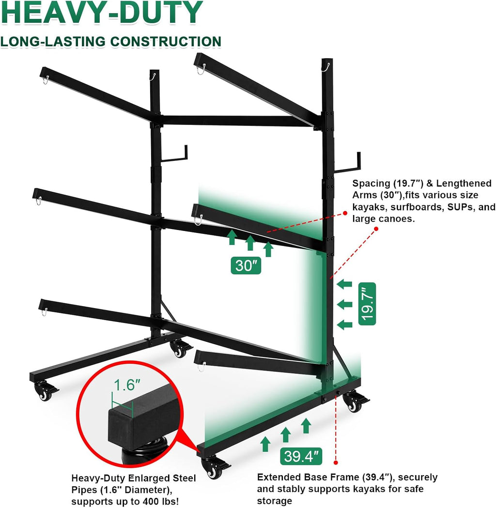 Kayak Storage Rack with Lockable casters,Thickened Heavy Duty Kayak Stand, for Indoor, Outdoor, Garage, shed, Marina Kayak Storage Racks
