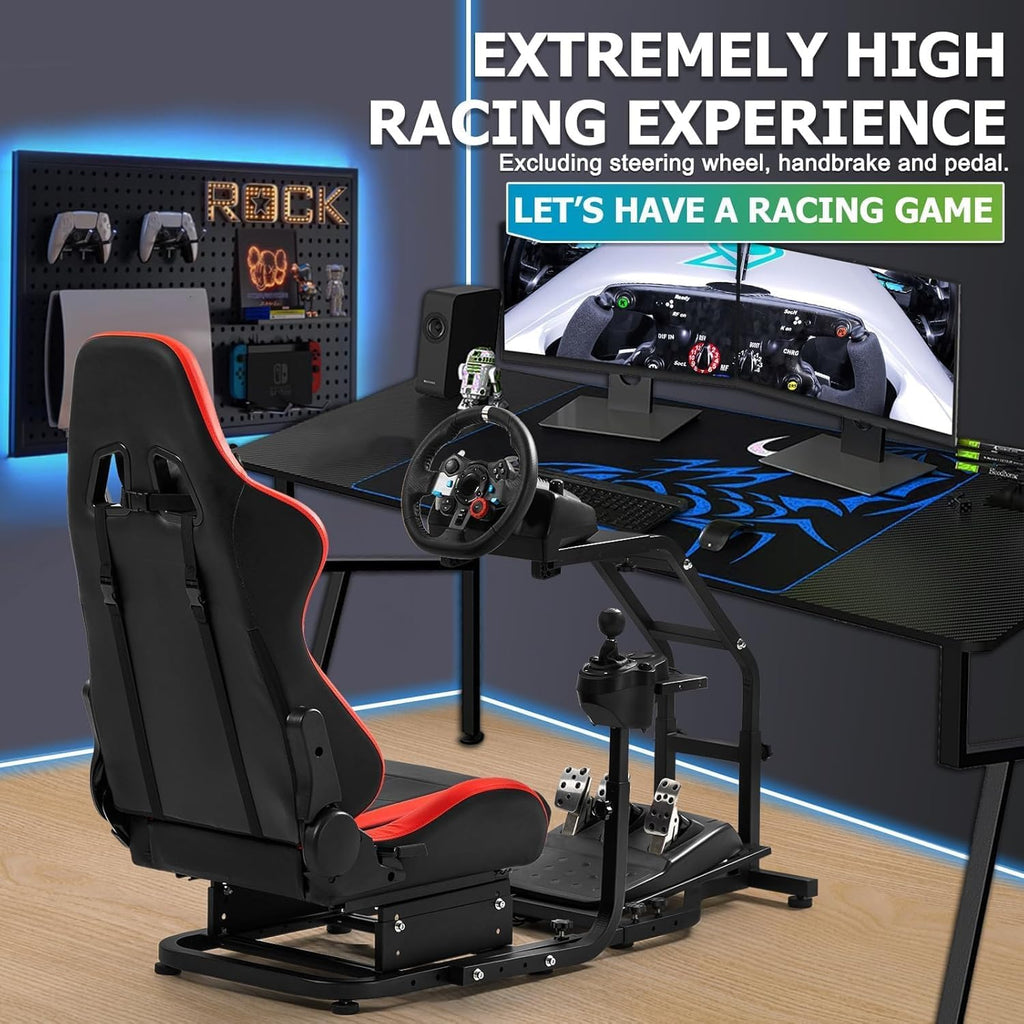 Hottoby Adjustable Sim Driving Simulator Cockpit with Red Seat Fit for Logitech G29 G920 G923,for Thrustmaster T300RS,Unobstructed Design for Both Legs Gaming Stand,No Steering Wheel,Handbrake & Pedal