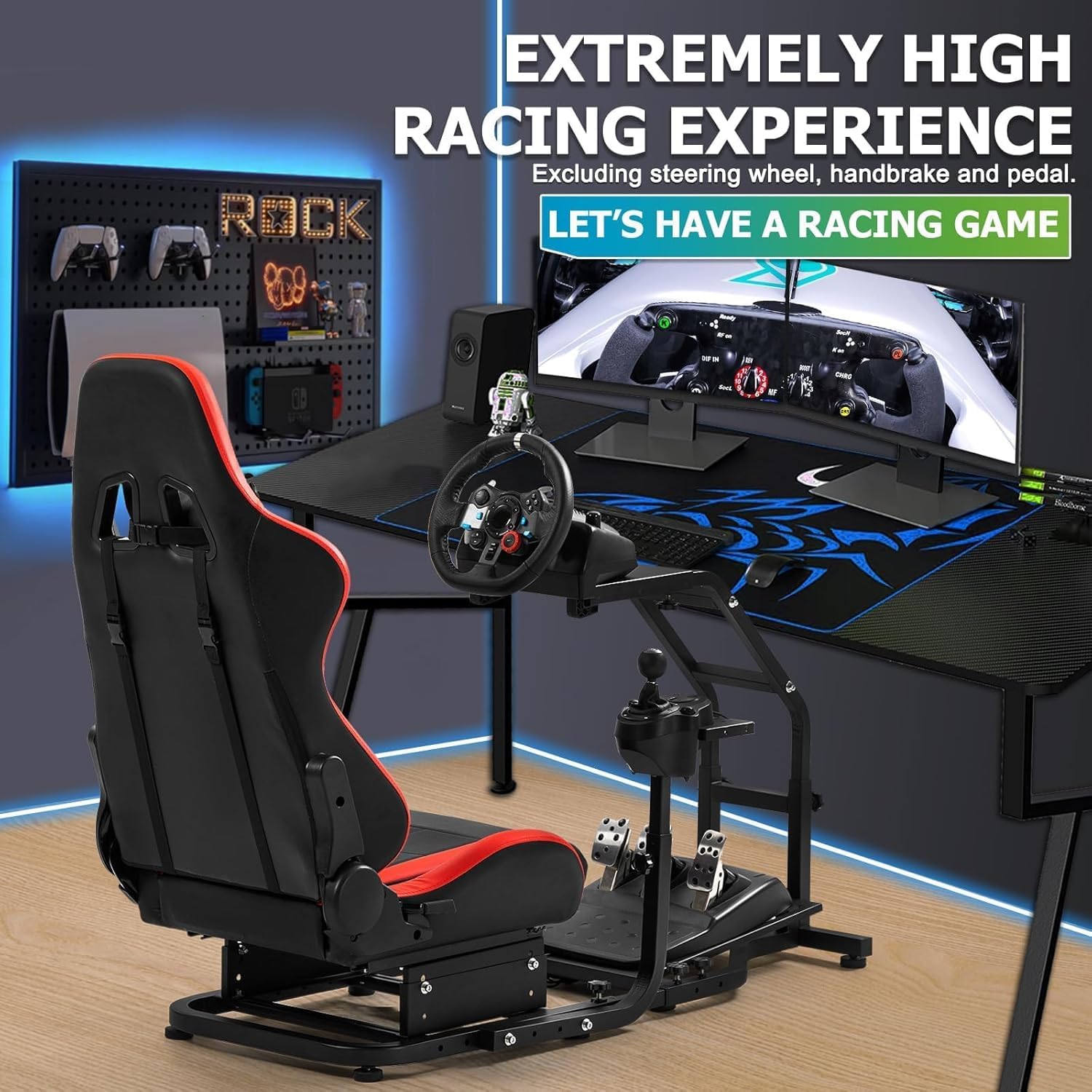 Hottoby Adjustable Sim Driving Simulator Cockpit with Red Seat Fit for Logitech G29 G920 G923,for Thrustmaster T300RS,Unobstructed Design for Both Legs Gaming Stand,No Steering Wheel,Handbrake & Pedal