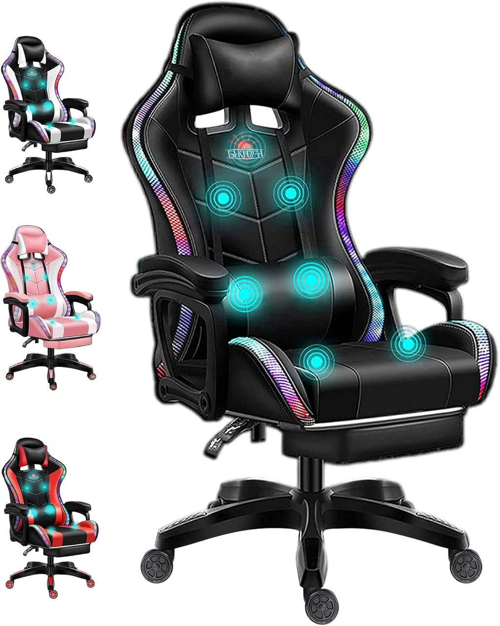 Gaming Chair with Bluetooth Speakers, RGB LED Lights & Footrest, Massage Computer Gaming Chair/Video Game Chair for Adults & Teen Enhance Gaming Experience,Black
