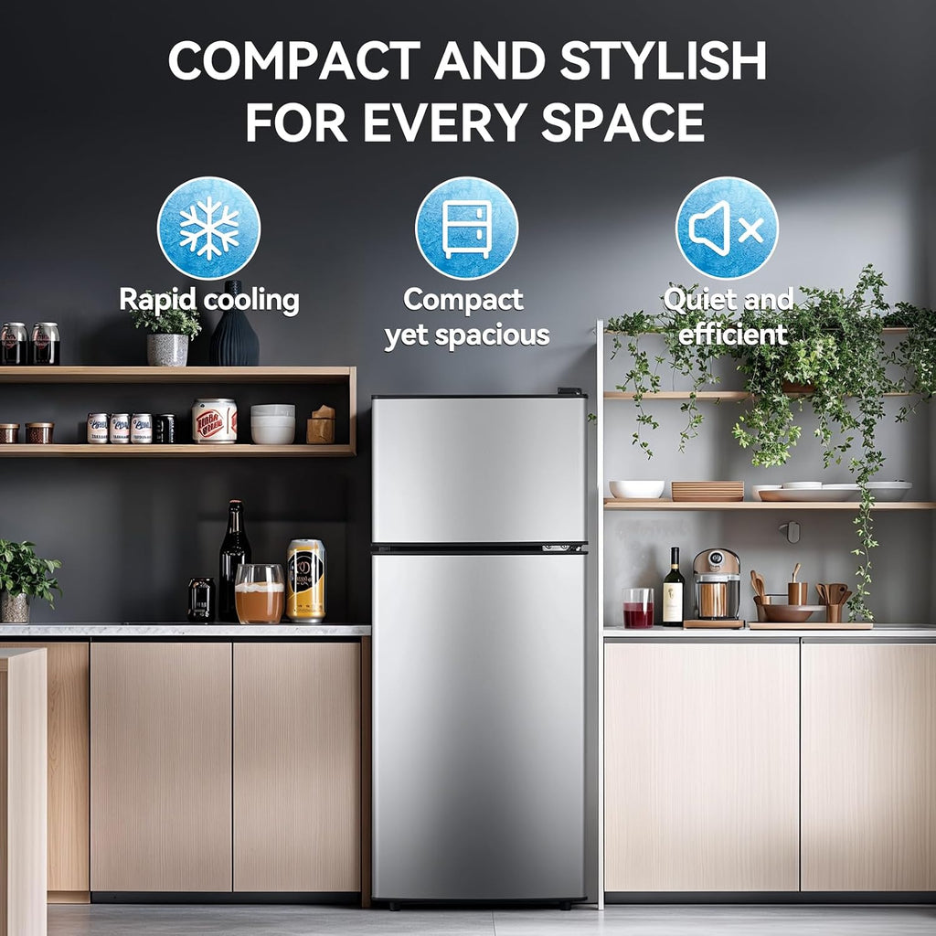 Anypro 4.0 Cu.Ft Fridge with Freezer, Double Door Refrigerator with 6 Level Thermostat, LED Light, Adjustable Glass Shelves for Bedroom, Office, Dorm, Apartment, Silver