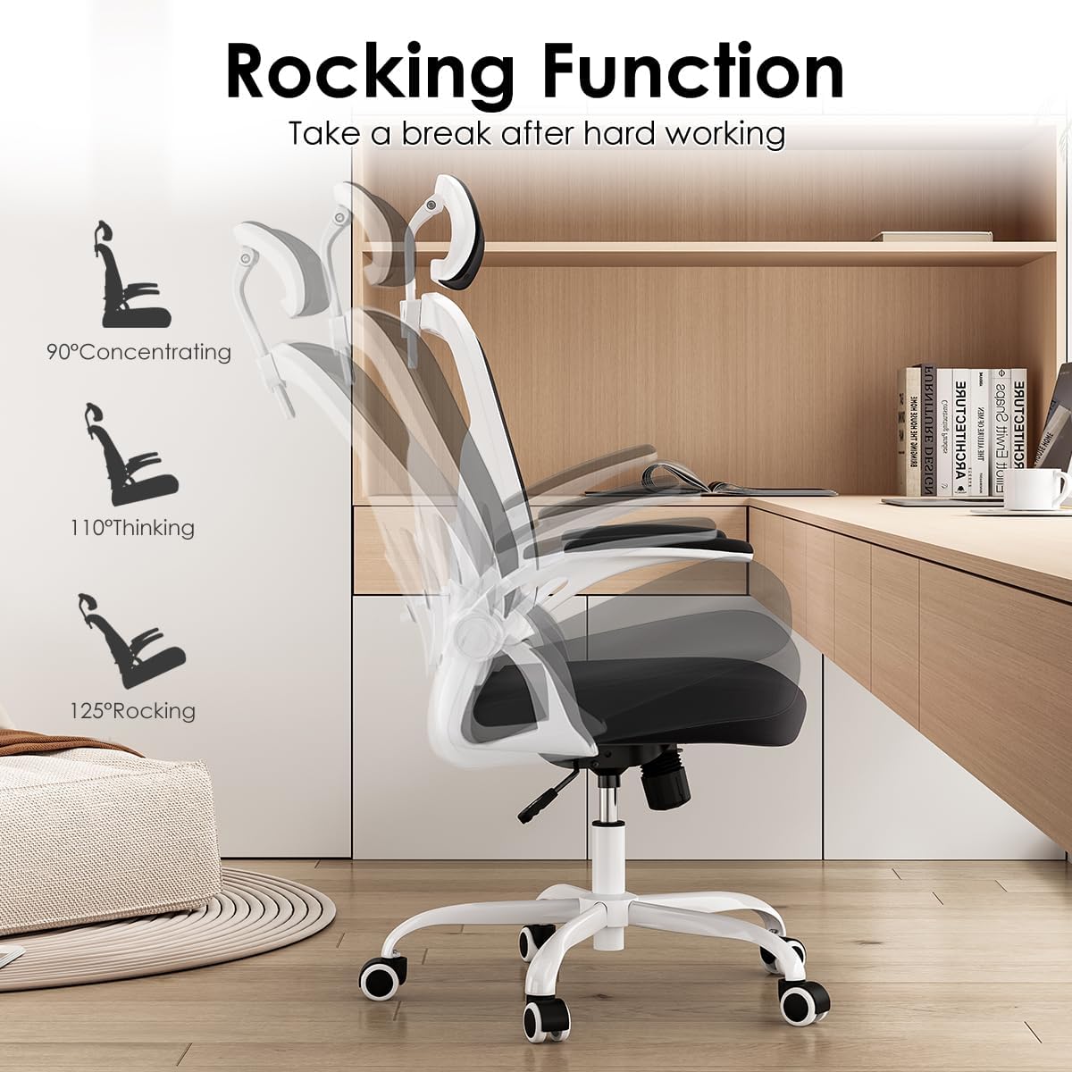 Farini Ergonomic Office Chair, Home Office Desk Chair with Headrest, High Back Swivel Computer Chair with Armrests and Adjustable Lumbar Support for Home Office Study Room, White & Black