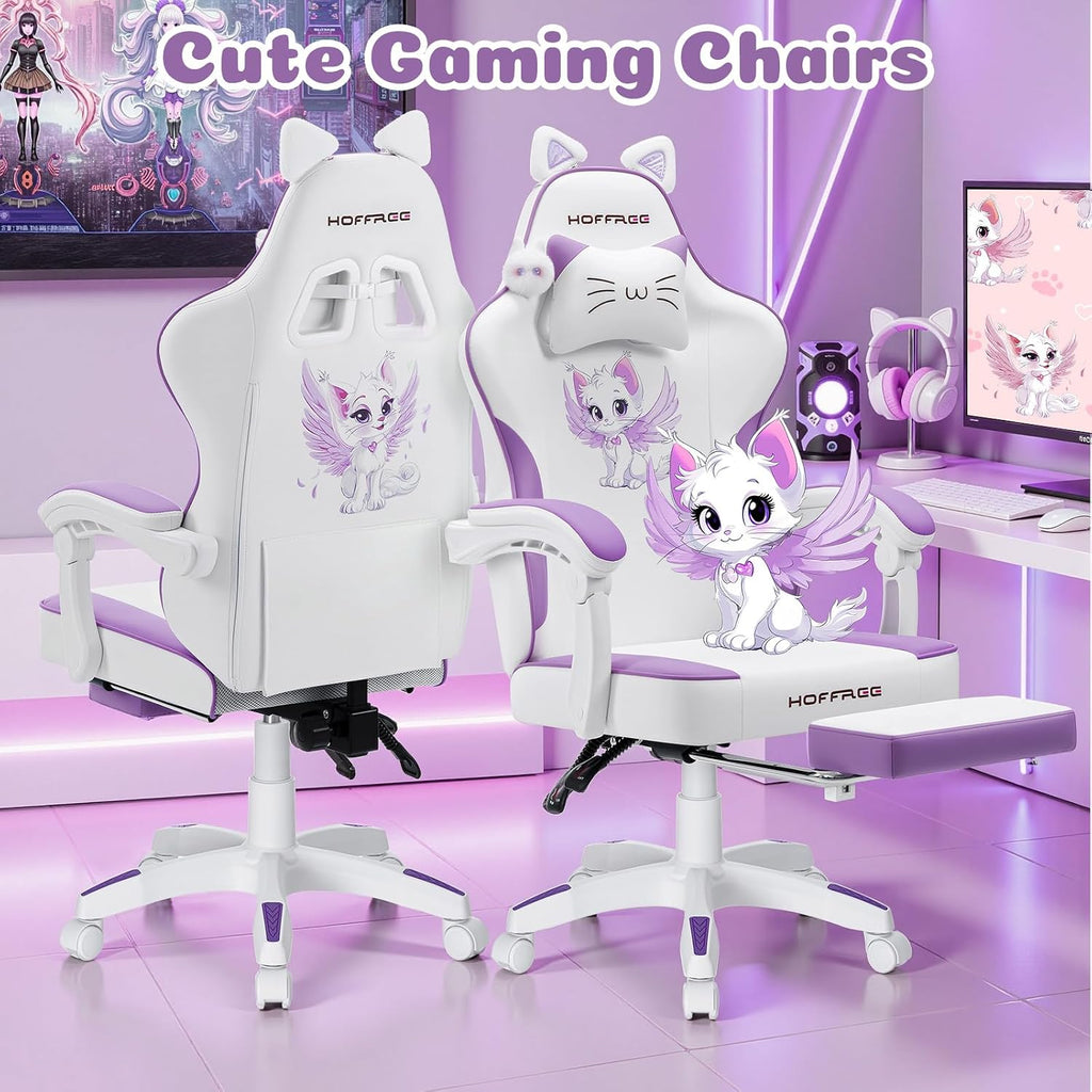HOFFREE Gaming Chair with Cat Ears and Cloud Massage Lumbar Ergonomic Cute Computer Chair for Girls with Footrest Comfortable Reclining Game Chairs for Adults Purple and White