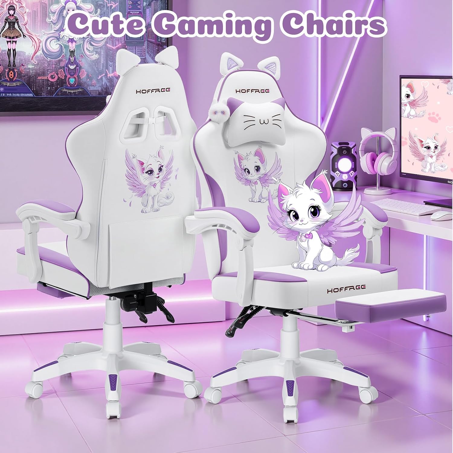 HOFFREE Gaming Chair with Cat Ears and Cloud Massage Lumbar Ergonomic Cute Computer Chair for Girls with Footrest Comfortable Reclining Game Chairs for Adults Purple and White