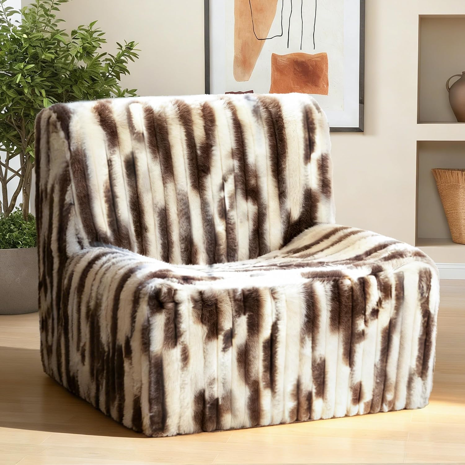 Trenda 32'' Comfy Bedroom Chair for Adult, Boneless Space-Saving Accent Chairs with Spacious Seating, Soft Faux Fur, Ideal Floor Couch for Living Room,College, Dorm to Reading (White& Brown)