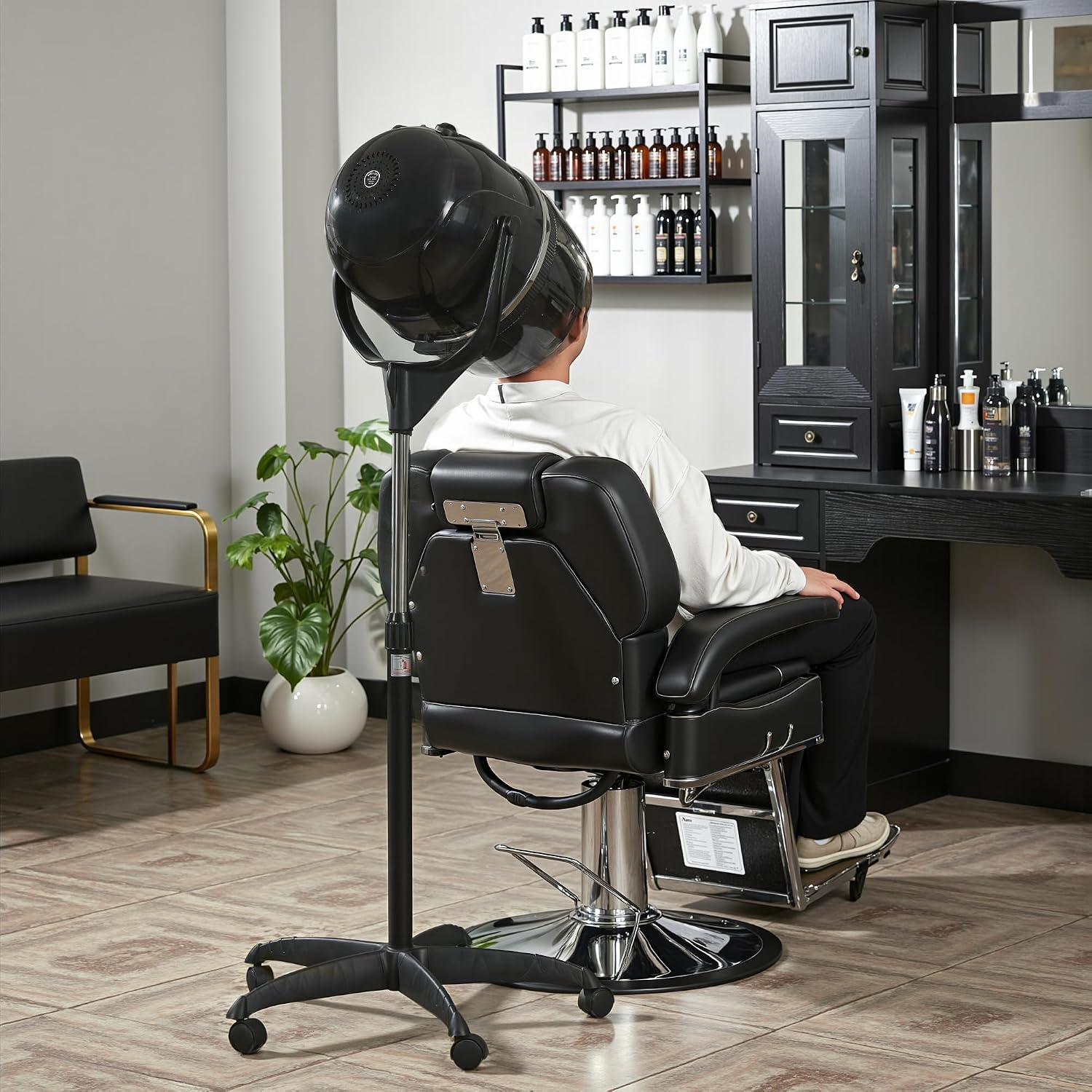 BarberPub 1300W Hooded Hair Bonnet Dryer with Stand, Height Adjustable Floor Standing Rolling Base, Beauty Salon Equipment with 360° Rotation VHD08 (All Black)