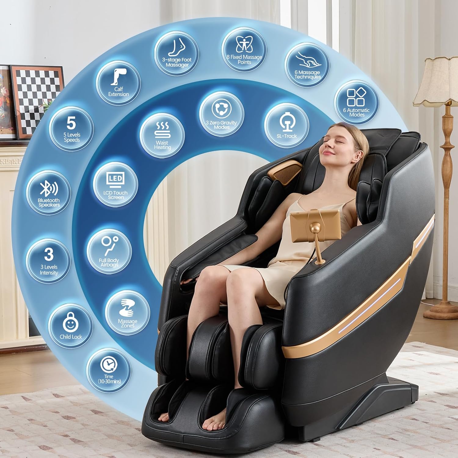 Artist hand Massage Chair Full Body, 2026 Zero Gravity Massage Chair Recliner with 10 Fix Rollers, 6 Modes, Bluetooth Speakers, Waist Heating, Foot Roller Massage, Full-Body Airbags (All Black)