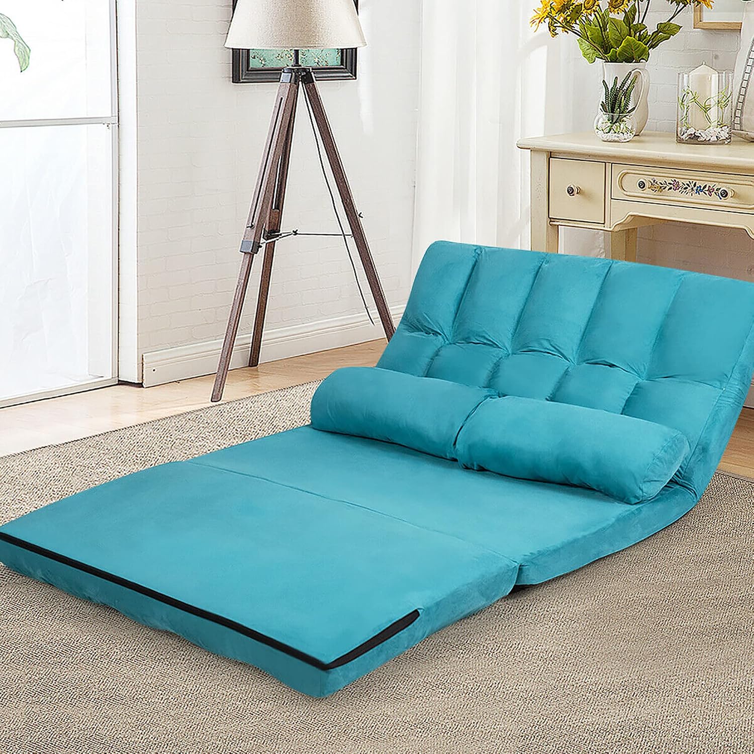 DORTALA Foldable Floor Sofa, 6-Position Adjustable Lounge Couch with 2 Pillows & Suede Cloth Cover, Modern Lounge Mattress Video Gaming Lazy Couch, Suede Floor Seating Sofa, 71' x 44.5', Blue
