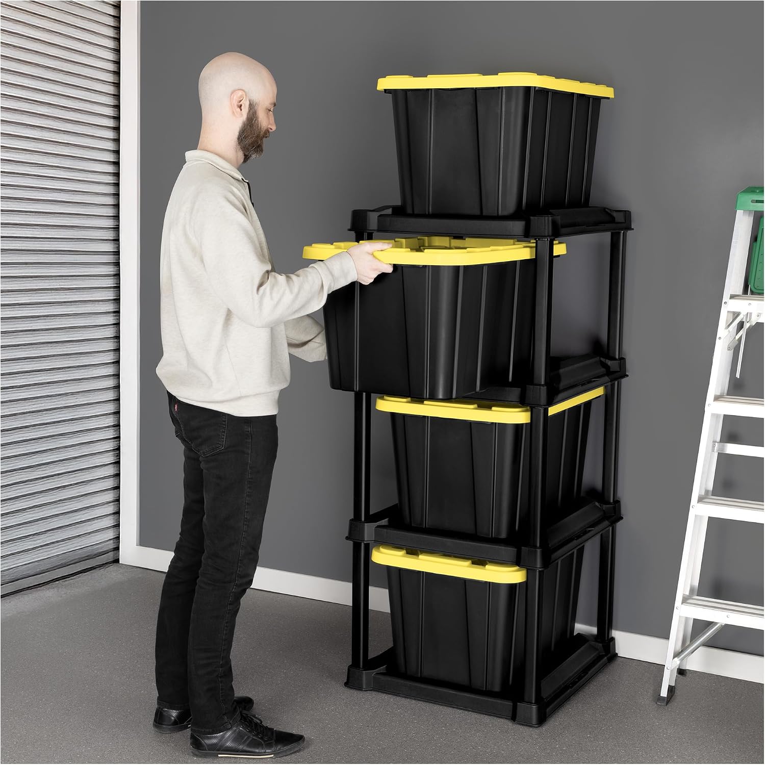 Sterilite 4 Tier Tote Rack, Vertical Plastic Organizer with 4 Pack 27 Gallon Industrial Storage Totes, Black - for Garages, Workshops, or Basements
