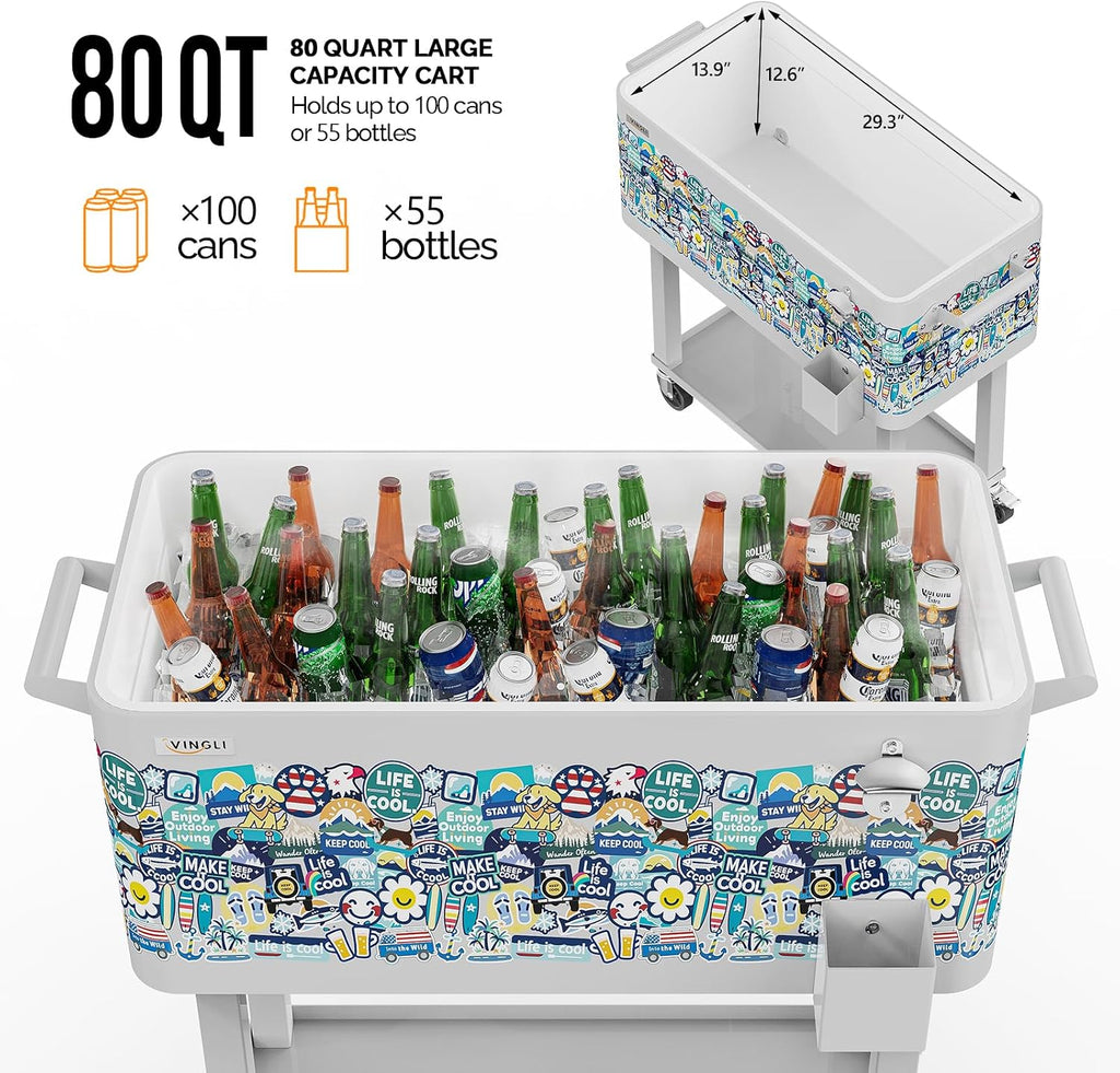 VINGLI Rolling Ice Chest, Portable Patio Party Bar Drink Cooler Cart, with Shelf, Beverage Pool with Bottle Opener