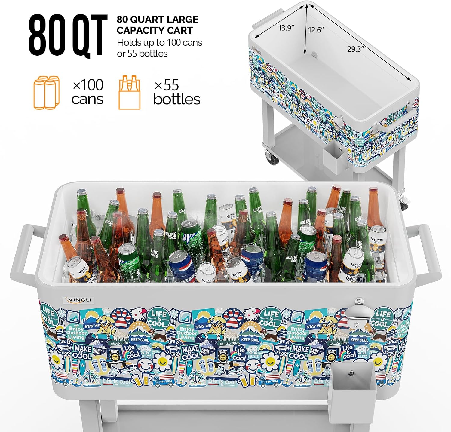 VINGLI Rolling Ice Chest, Portable Patio Party Bar Drink Cooler Cart, with Shelf, Beverage Pool with Bottle Opener