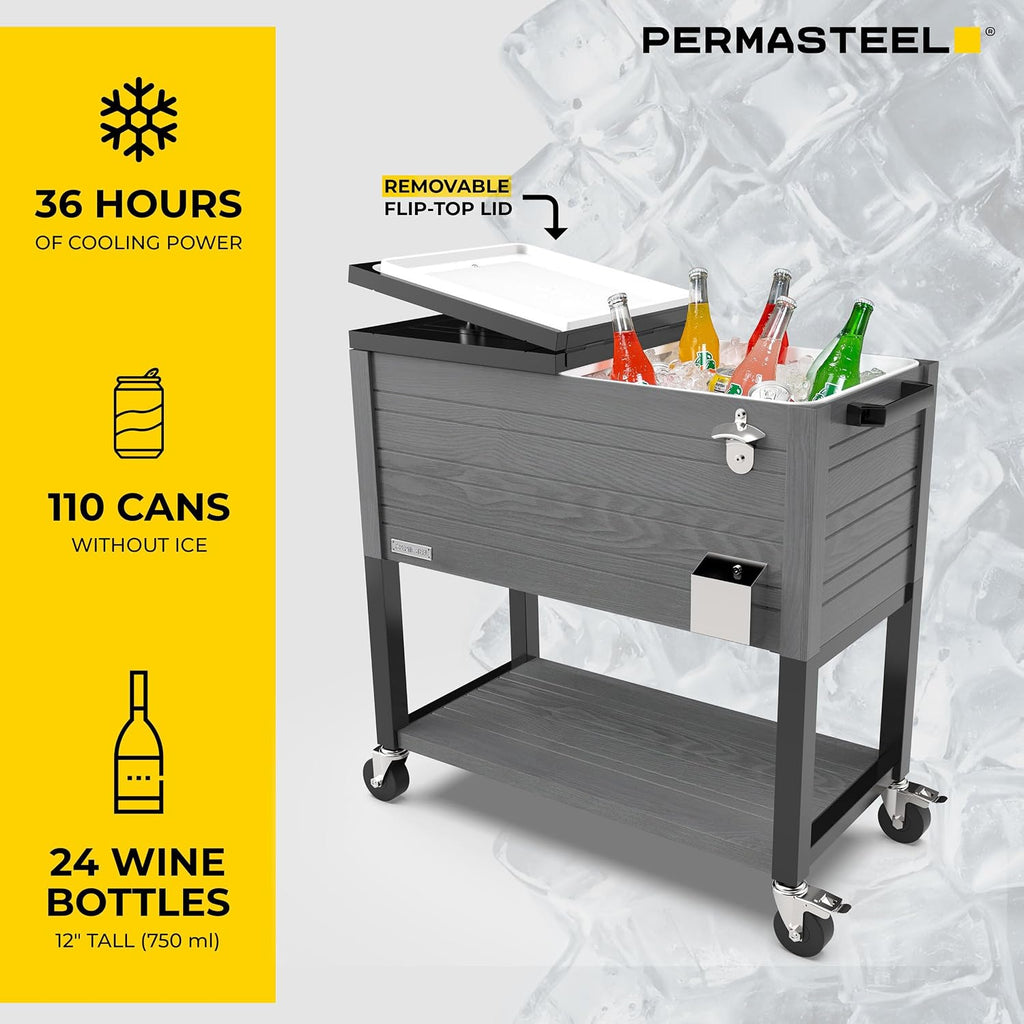 Permasteel 80 Quart Party Cooler, Rolling Ice Chest with Wheels and Handles for Indoor Outdoor Patio