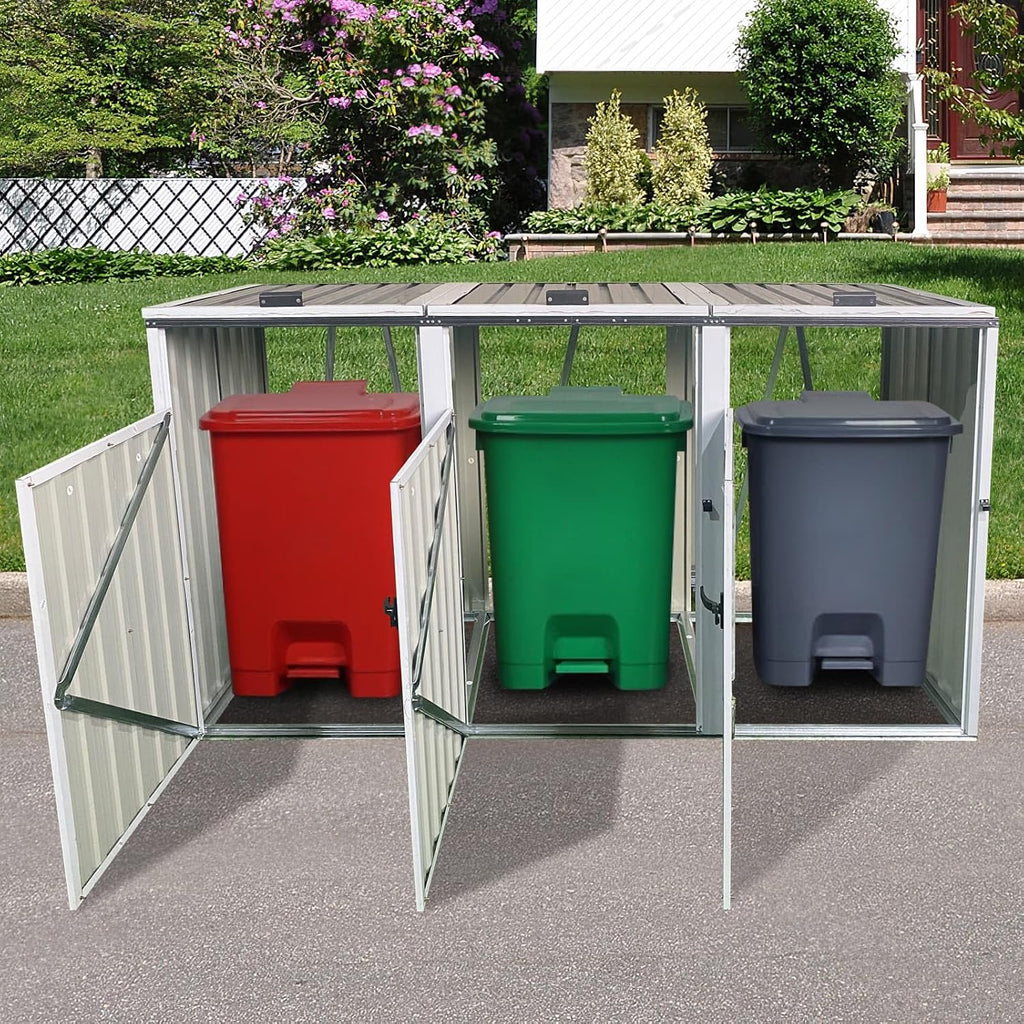 ZeHuoGe Outdoor Trash Can Storage Shed for 3 Trash Bins, Metal Garbage Outdoor Shed, Garbage Bin Storage Shed for Garden Backyard Patio Lawn