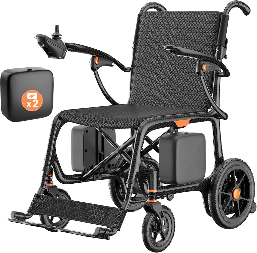 28lbs Ultralight 28 Miles Long Range 100% Carbon Fiber Travel Electric Wheelchairs for Adults, FreeWink Foldable Portable Electric Wheelchairs with 2 Lithium Batteries for All Terrain Airline Approved
