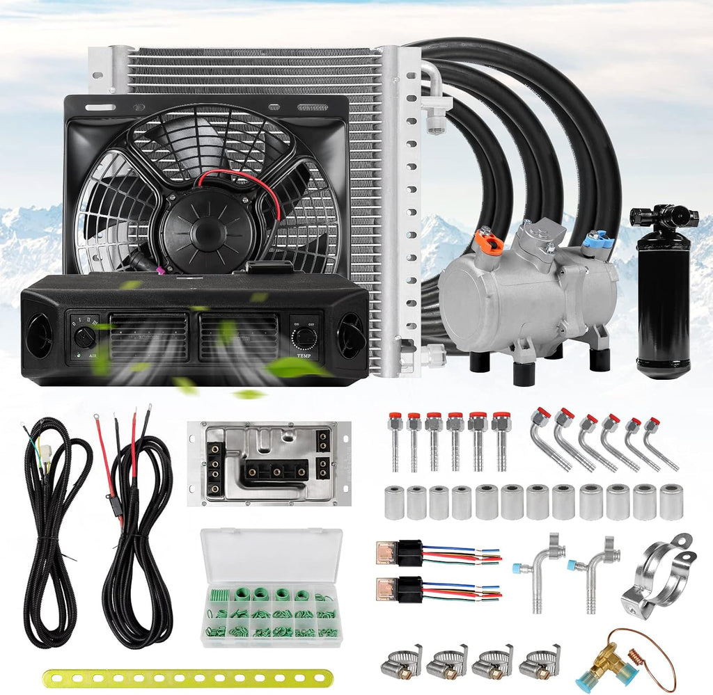 12V automobile air conditioner electric compressor kit, applicable to classic cars, pickup trucks, RV, trucks, agricultural vehicles, excavators, vans, etc。12V DC A/C (12V single cooling)