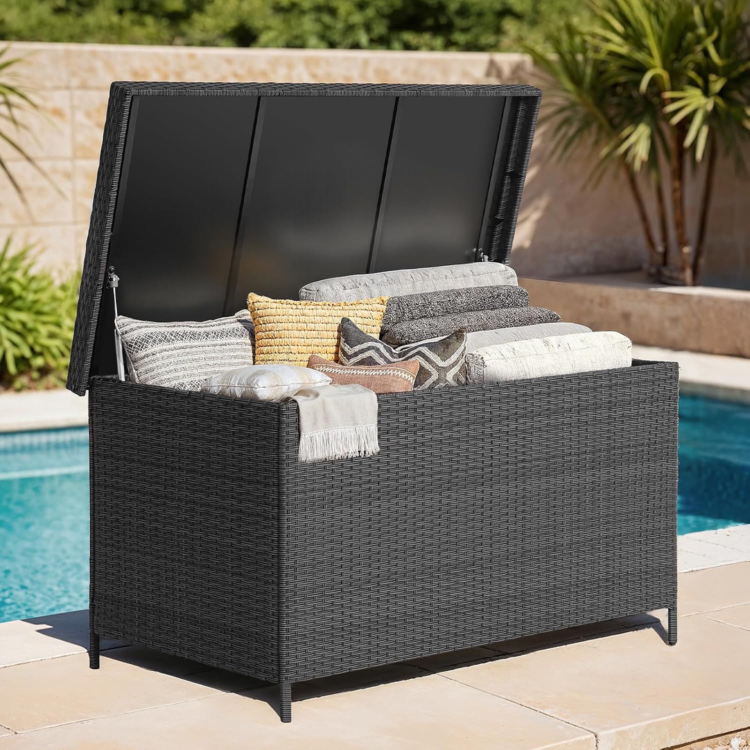 ONBRILL 158 Gallon XL Deck Box with Lid, All Weather Wicker Outdoor Storage Box Waterproof, Large Outdoor Patio Storage Bin for Cushions, Garden Tools, Gears, Pool Accessories, Black