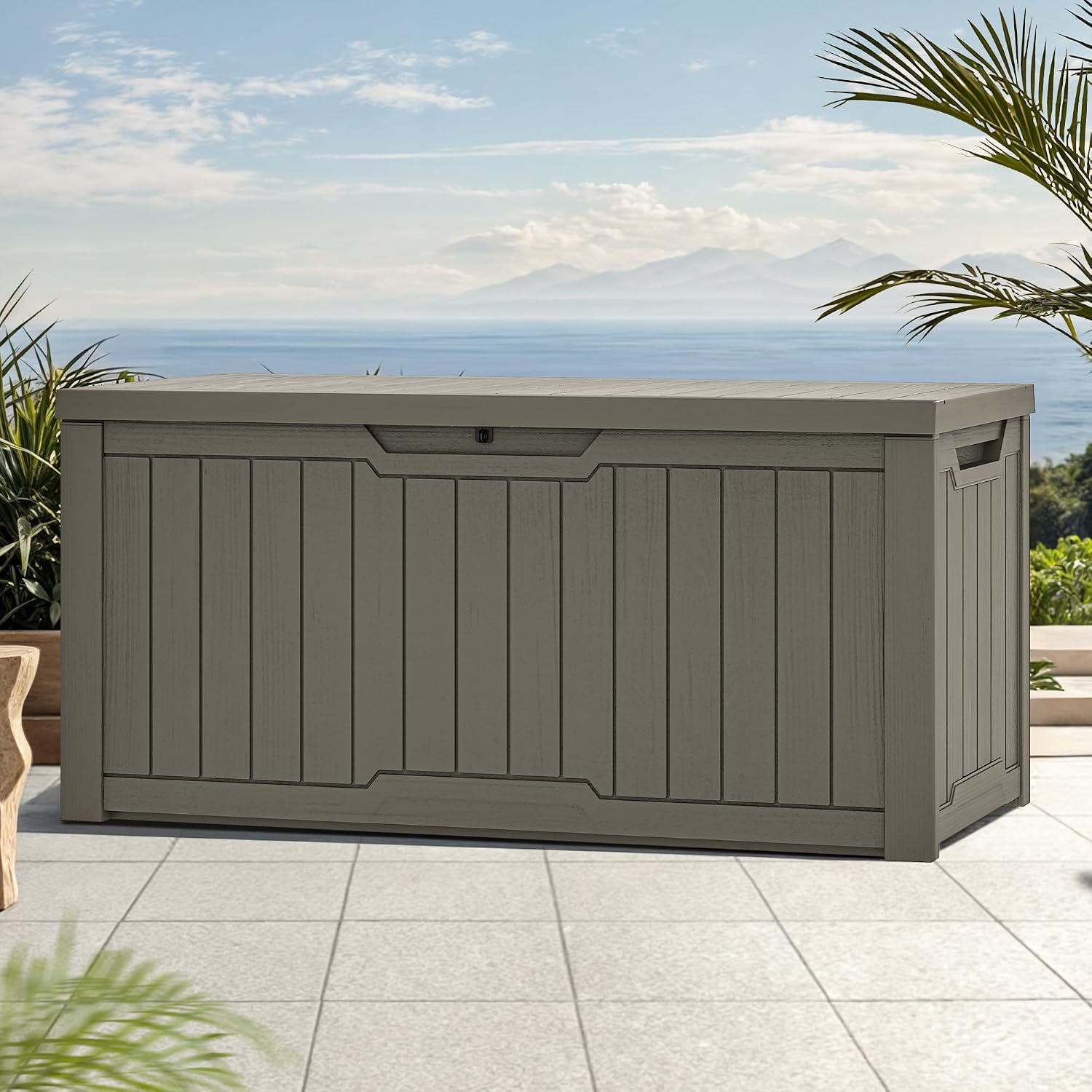 GOOBED 120-Gallon Deck Box, Waterproof Outdoor Storage Chest for Garden Tools, Pool Supplies, and Sports Gear, Lockable Lid, Multi-Purpose Bench or Table, Easy Assembly (Taupe