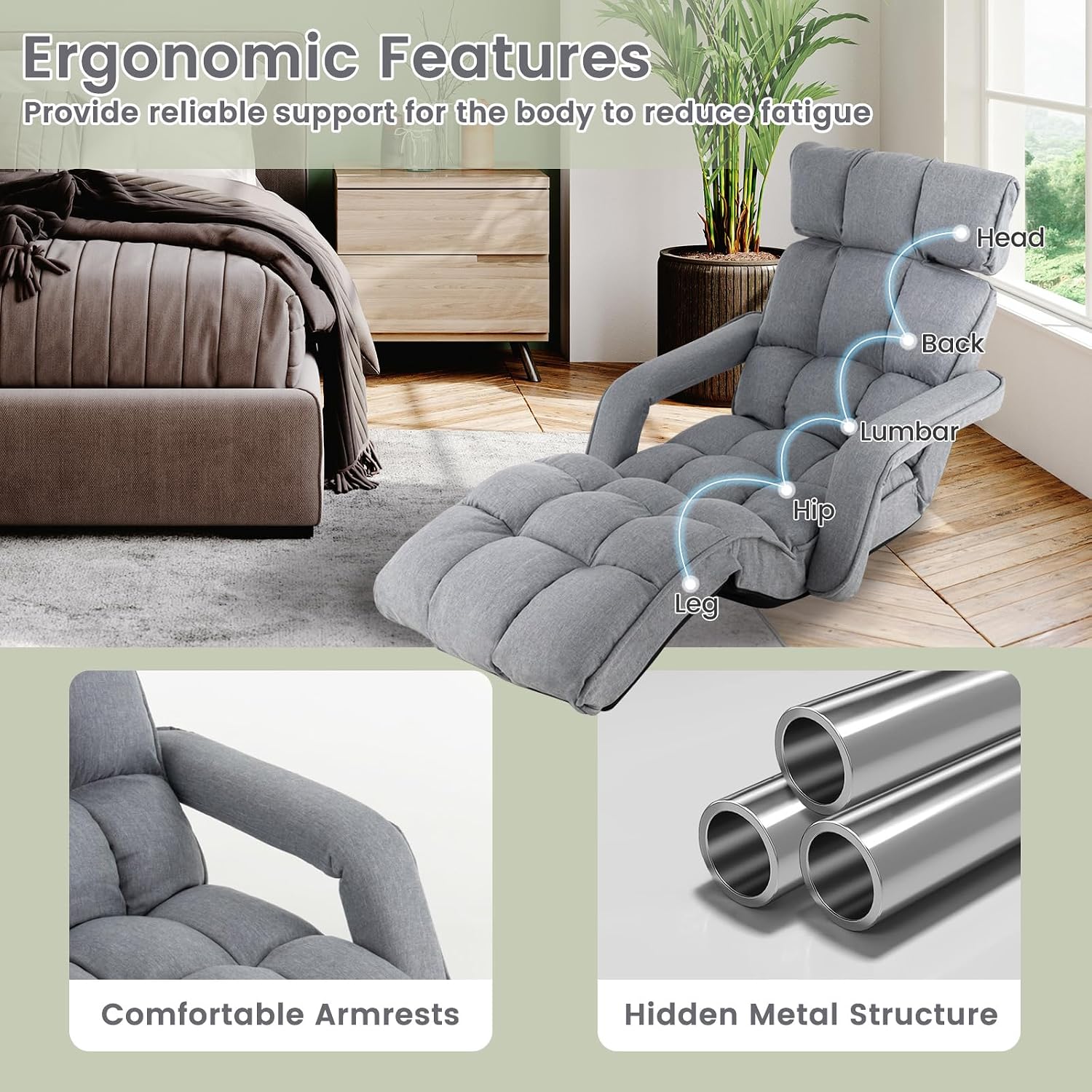 RELAX4LIFE Floor Chair Sofa Bed - Folding Lazy Sofa w/6-Position Adjustable Backrest, Armrests & 8-Level Footrest for Living Room Bedroom, Gaming Floor Chairs for Adults, Foldable Chaise Lounge Indoor