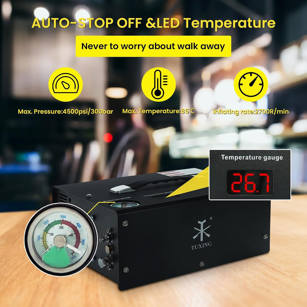 TUXING Portable PCP Air Compressor, 4500Psi/30Mpa, Auto Stop,Built-in Converter Powered by Car 12V DC or Home 110V AC,Paintball Tank Compressor with Extra Moisture-Oil Separator