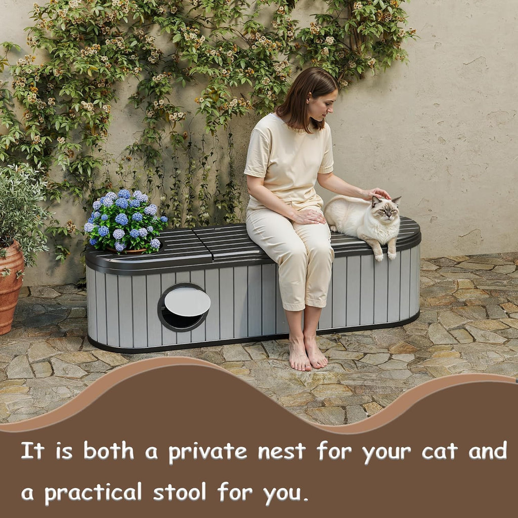 72 Gallon Storage Bench Deck Box Resin Patio Furniture with Armrest, Waterproof and UV Resistant Lockable for Patio Furniture, Garden Decor and Outdoor Seating for Cushions, Garden Tools