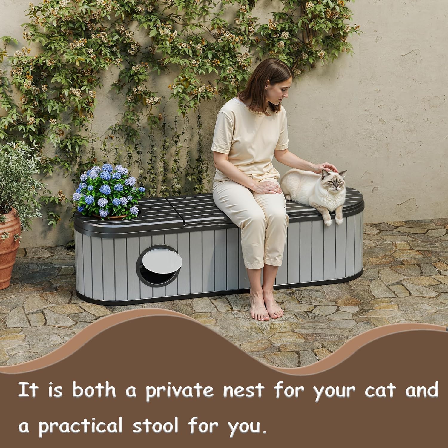 72 Gallon Storage Bench Deck Box Resin Patio Furniture with Armrest, Waterproof and UV Resistant Lockable for Patio Furniture, Garden Decor and Outdoor Seating for Cushions, Garden Tools
