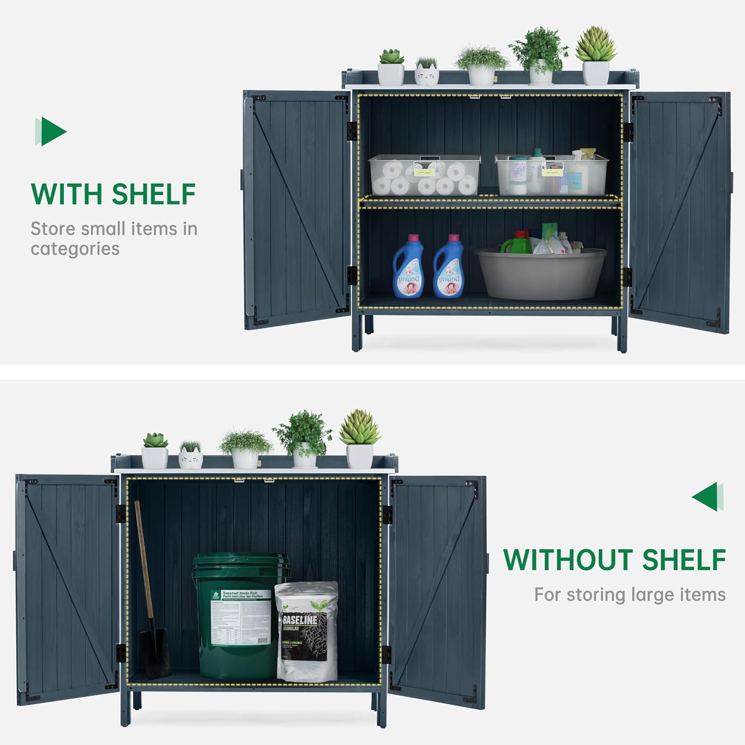 HABAU Outdoor Storage Cabinet with Potting Bench & Metal Tabletop, Wooden Planting Workstation for Garden Patio, Weatherproof