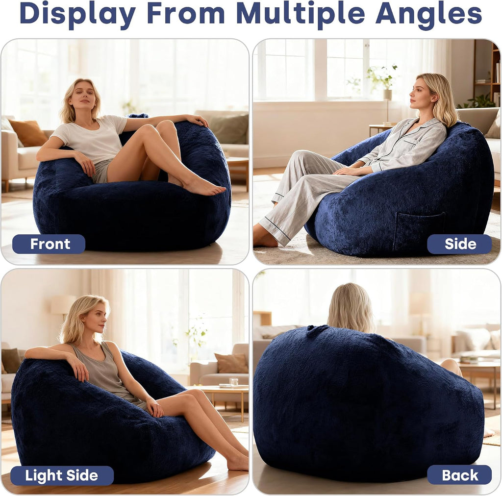 SUNBURY 47.2' L-Shaped Bean Bag Chair with Arms, Memory Foam Filled Lazy Sofa with Portable Handle & Side Pocket, Plush Floor Chair for Adults, Game Room, Bedroom, Living Room (Blue)