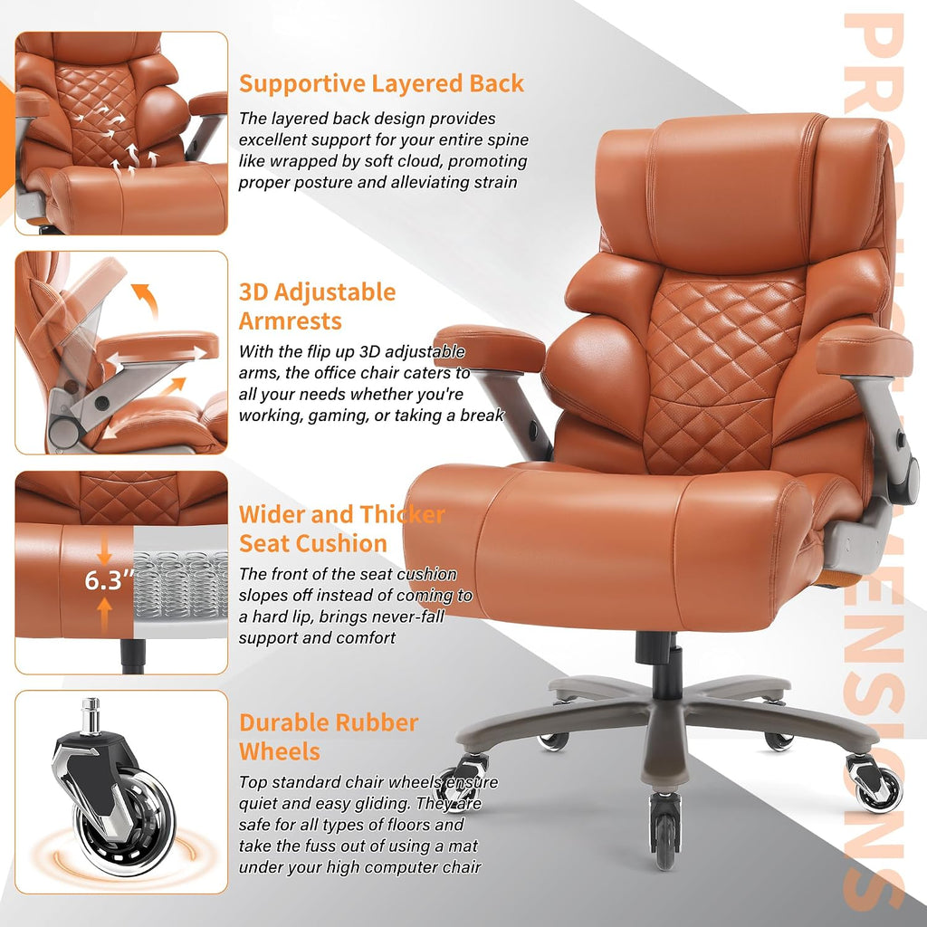 VUZI 700lbs Big and Tall Office Chair-Large Computer Chair with Adjustable Lumbar Support 3D Flip Arms Plus Size Wheels, High Back Executive Desk Chair, Heavy Duty Metal Base, Thick Padded Wide Seat