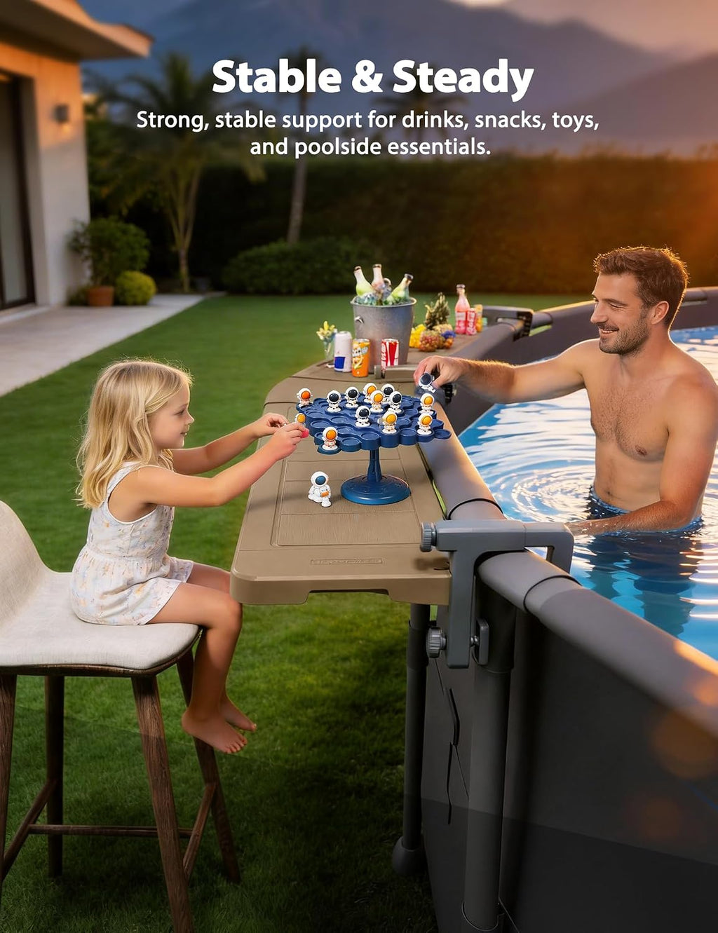 POOLHACKER Poolside Bar Extended for Above-Ground Round Pools, Original Swim-Up Bar Table, Foldable Patio Poolside Table, Weather-Resistant Stable Tabletop, Easy Maintenance, Brown