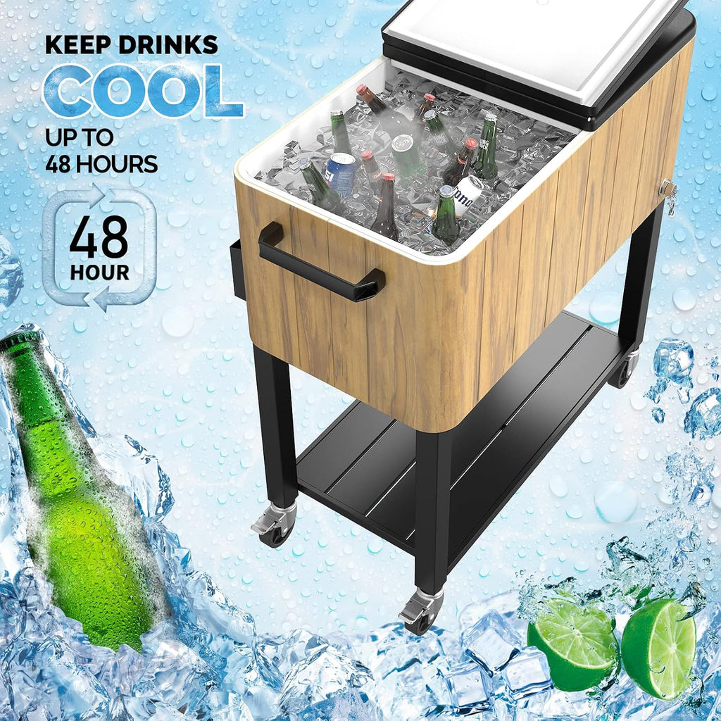 VINGLI 80 Quart Rolling Ice Chest on Wheels, Patio Cooler Cart, Beverage Rolling Cooler for Outdoor Patio Deck Party