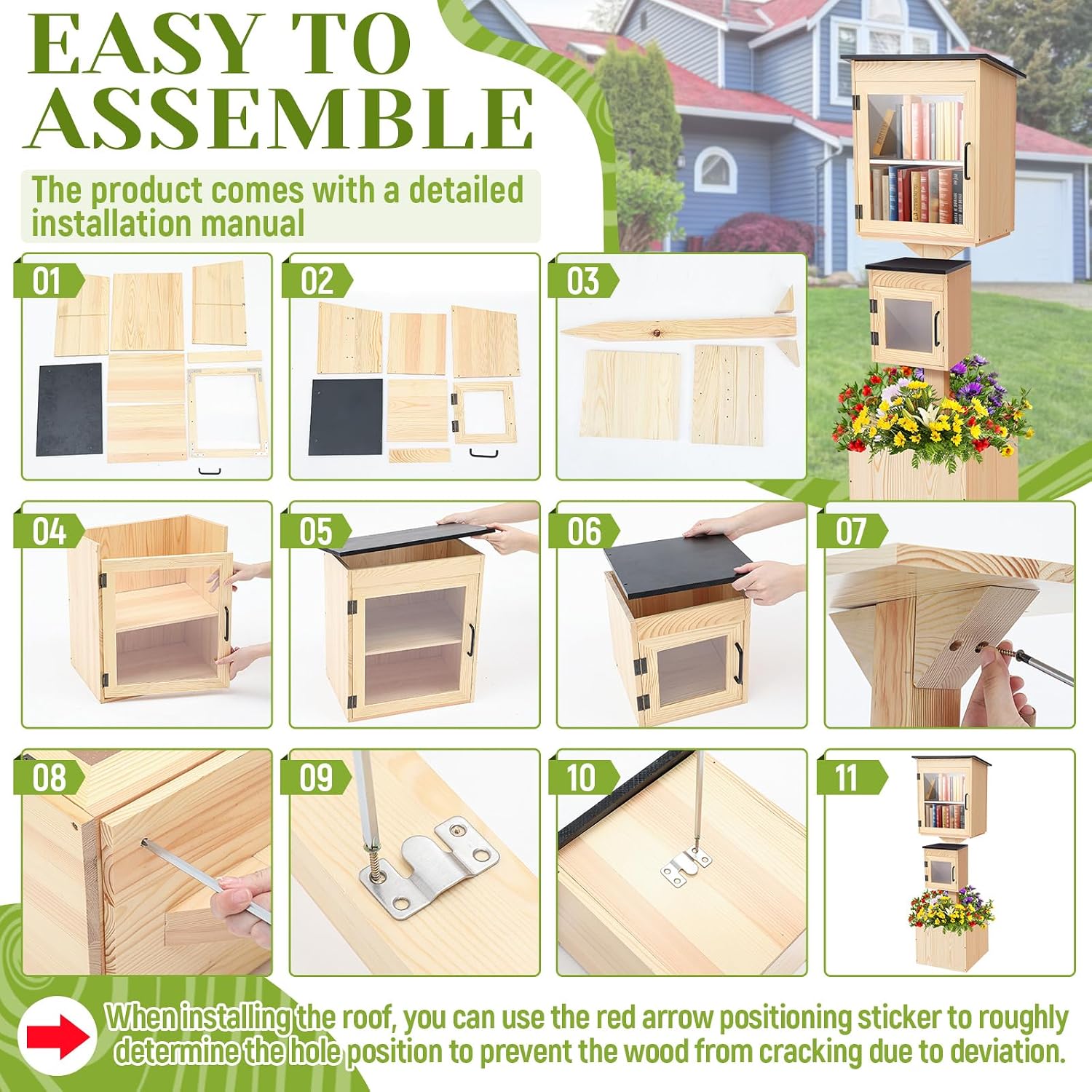 Wonderjune Little Library Box Outdoor Weatherproof Solid Wood Double Book Exchange Box with Pillar-Mounted Mini Library, Floor Plugs & Flower Fence for Community Neighborhood School(Natural Wood)