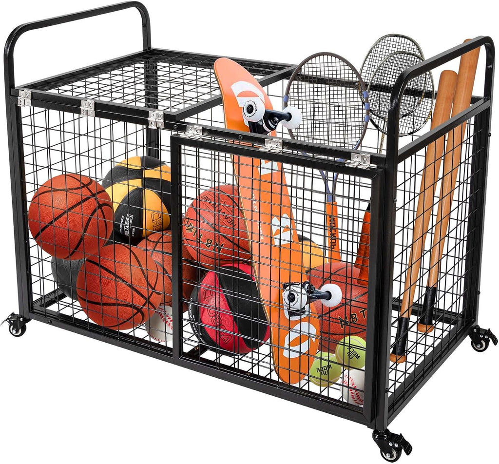 heodmaem Ball Cart Storage for Garage Compatible with Optional Divider, Extra Large Basketball Cage Bin for Indoor Outdoor, Heavy Duty Sports Equipment Organizer for Gym, School,Club