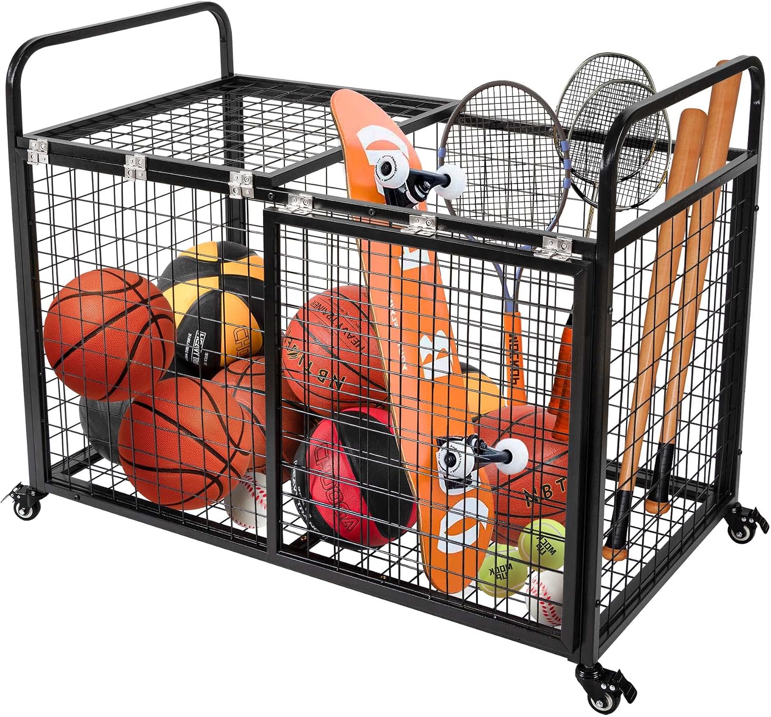 heodmaem Ball Cart Storage for Garage Compatible with Optional Divider, Extra Large Basketball Cage Bin for Indoor Outdoor, Heavy Duty Sports Equipment Organizer for Gym, School,Club