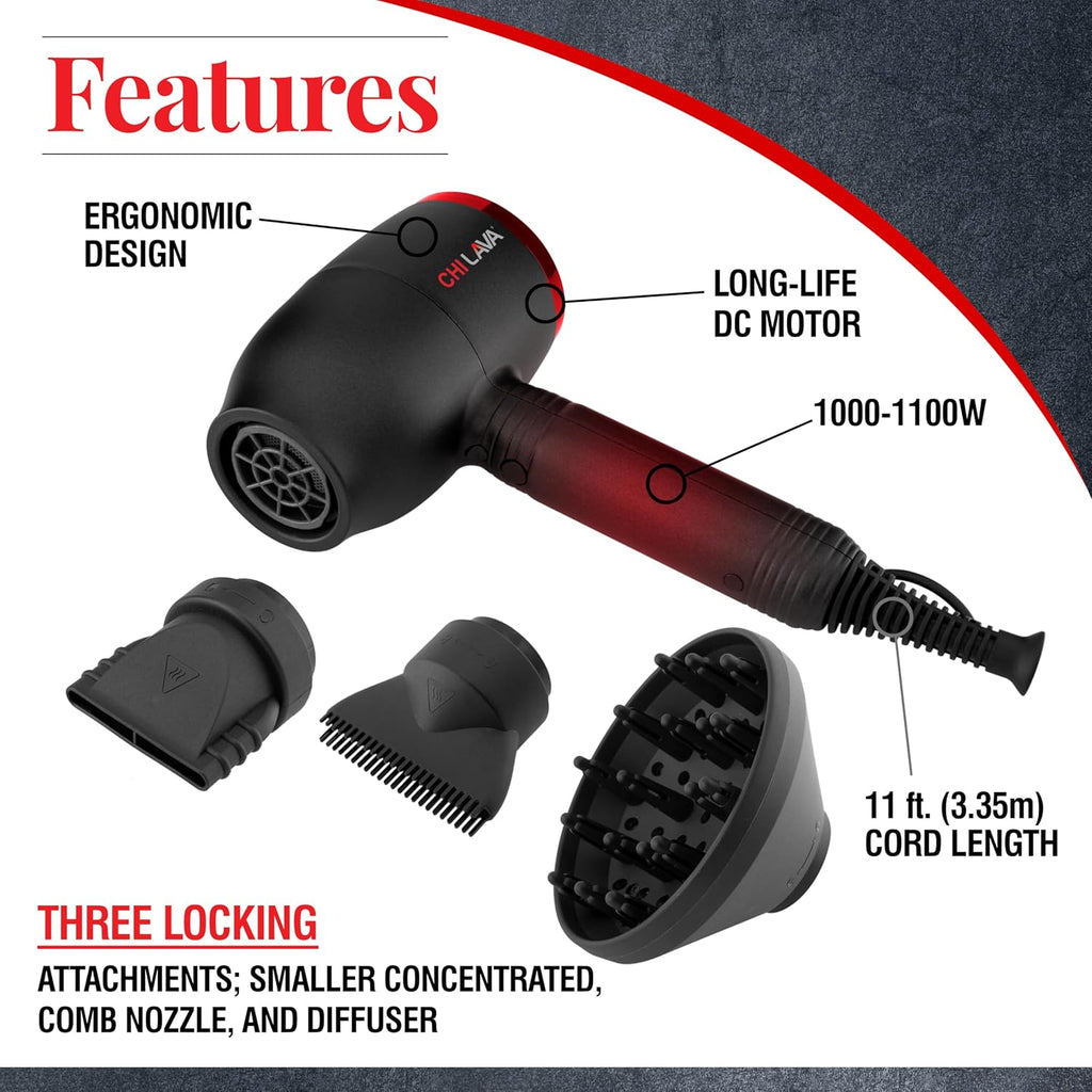 CHI Lava Hair Dryer, Blow Dryer for Smooth, Shiny Results, Lower-Temperature Styling for Less Damage, Reduces Frizz