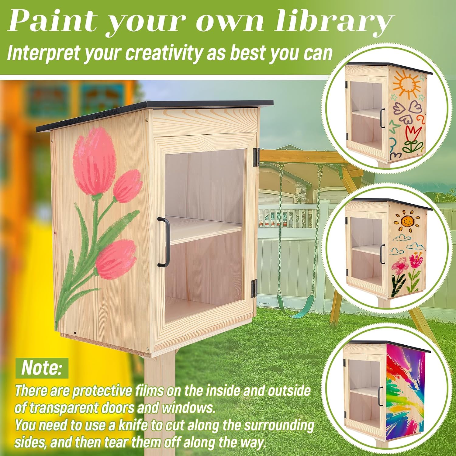 Wonderjune Little Library Box Outdoor Weatherproof Solid Wood Double Book Exchange Box with Pillar-Mounted Mini Library, Floor Plugs & Flower Fence for Community Neighborhood School(Natural Wood)
