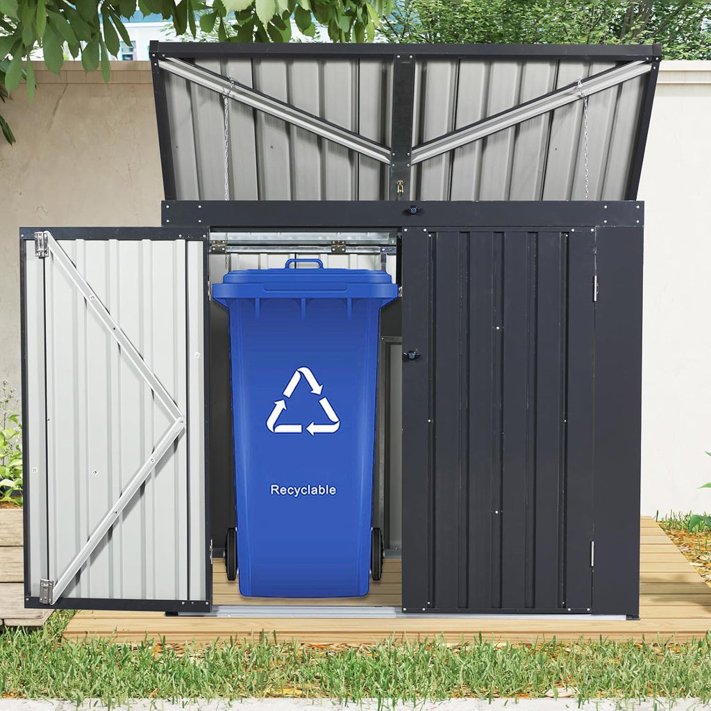 Metal Outdoor Storage Shed, Black Galvanized Steel Garbage Bin Enclosure, 64.75x41.5x54.25 Inches, Dual Trash Can Storage with Sloped Roof and Lockable Doors