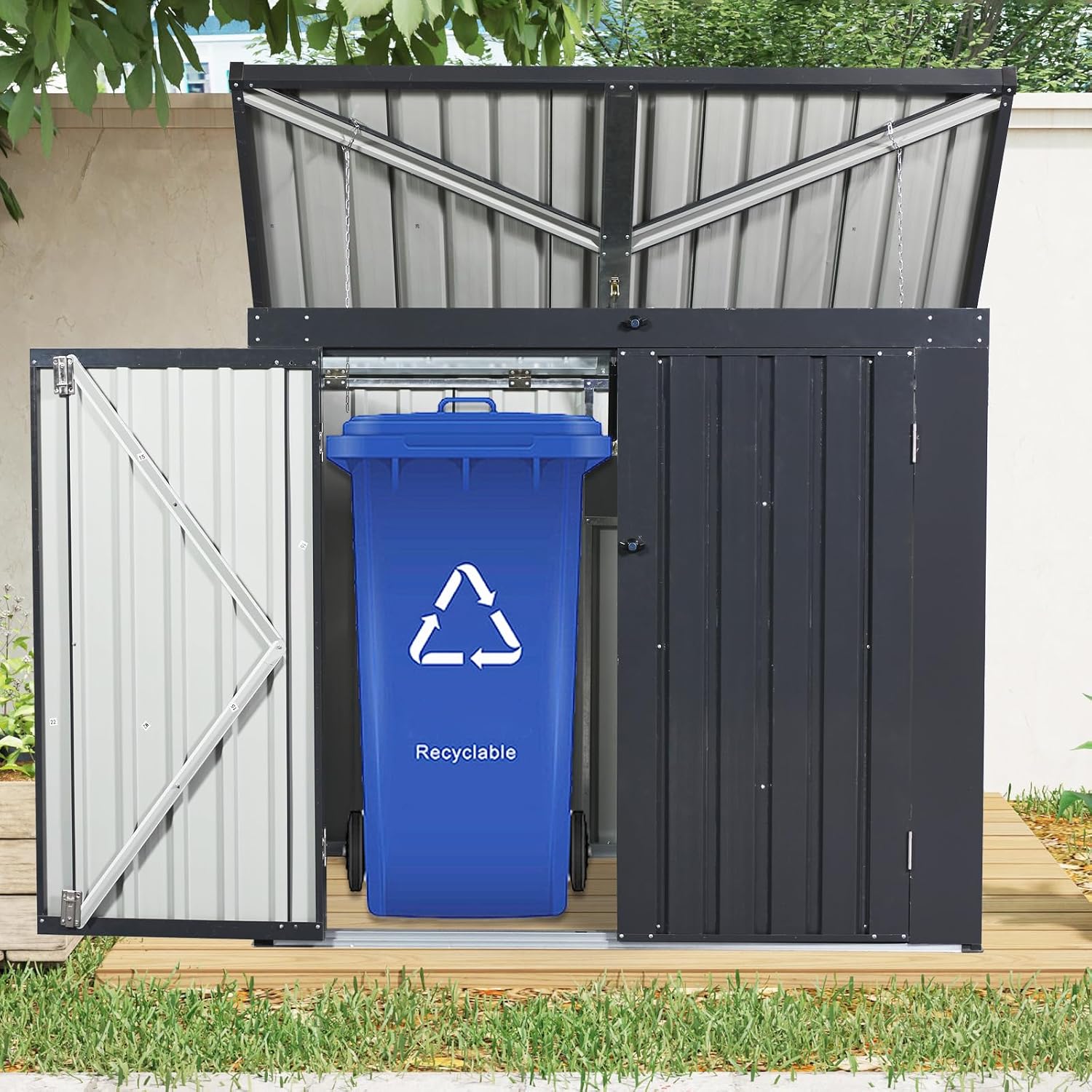 Metal Outdoor Storage Shed, Black Galvanized Steel Garbage Bin Enclosure, 64.75x41.5x54.25 Inches, Dual Trash Can Storage with Sloped Roof and Lockable Doors