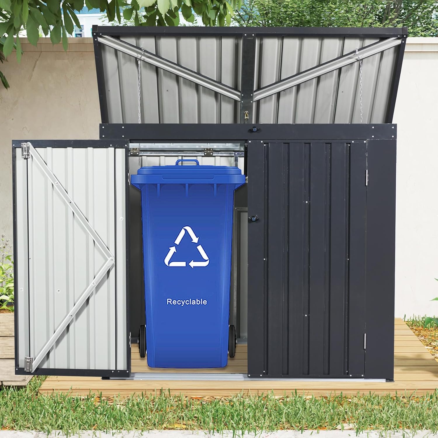 Metal Outdoor Storage Shed, Black, Galvanized Steel, 64.75x41.5x54.25 Inch, Rust Resistant, Lockable Doors, Fits 2 Trash Bins, for Garden Yard Storage